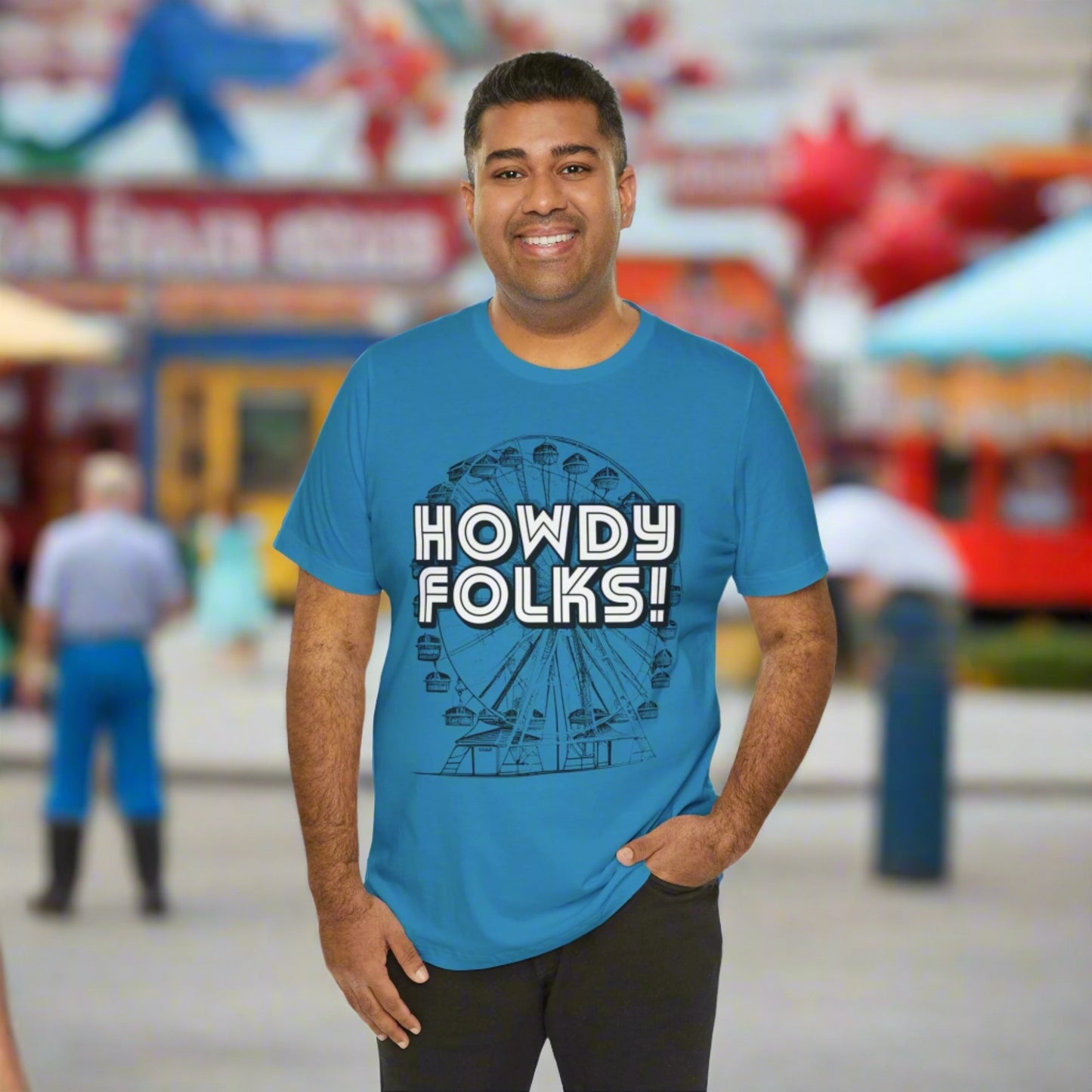 State Fair of TEXAS "Howdy Folks!'  adult shirt. This unisex tee features a retro graphic of a ferris wheel with the words Howdy Folks in large block letters. by jaecrece