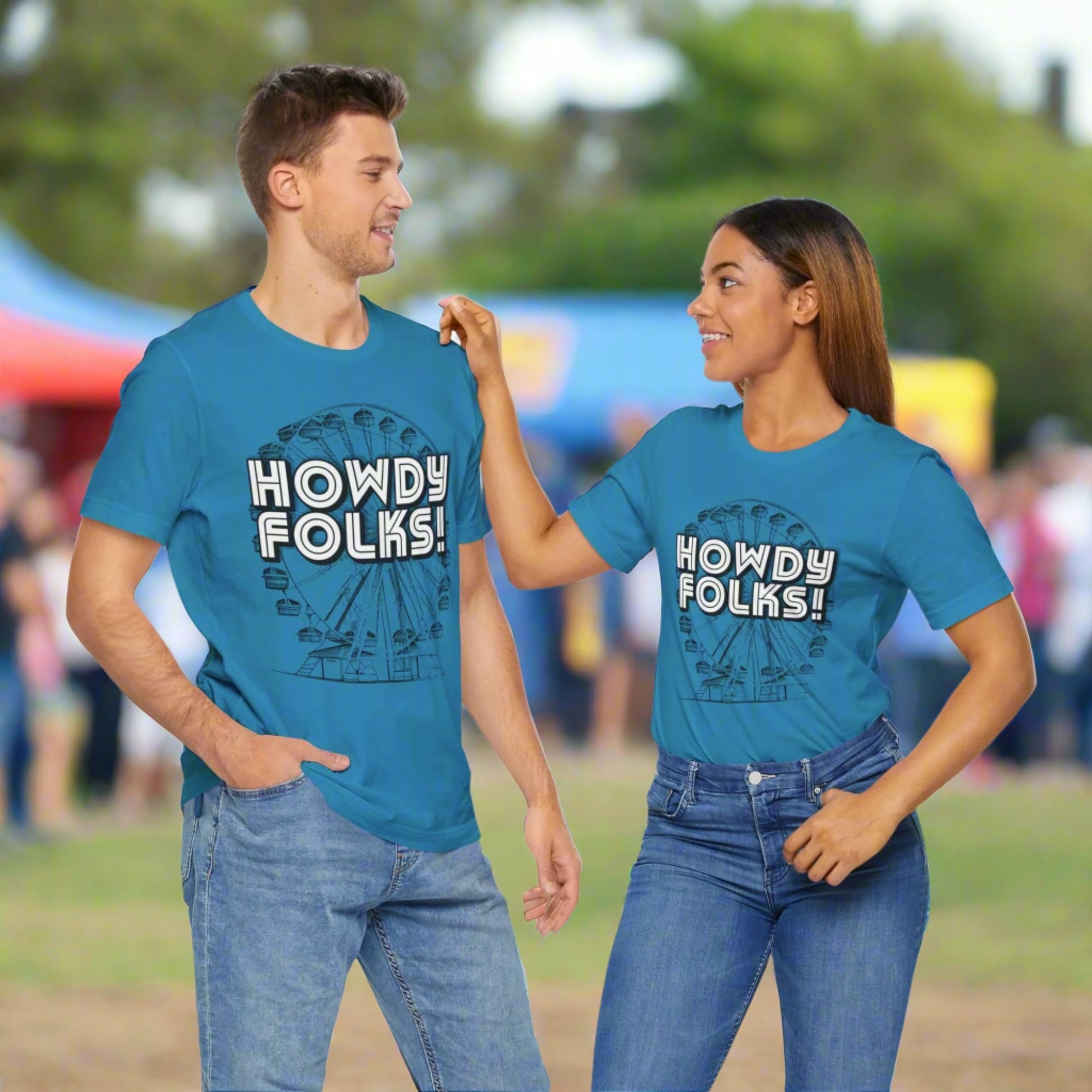 State Fair of TEXAS "Howdy Folks!'  adult shirt. This unisex tee features a retro graphic of a ferris wheel with the words Howdy Folks in large block letters. by jaecrece