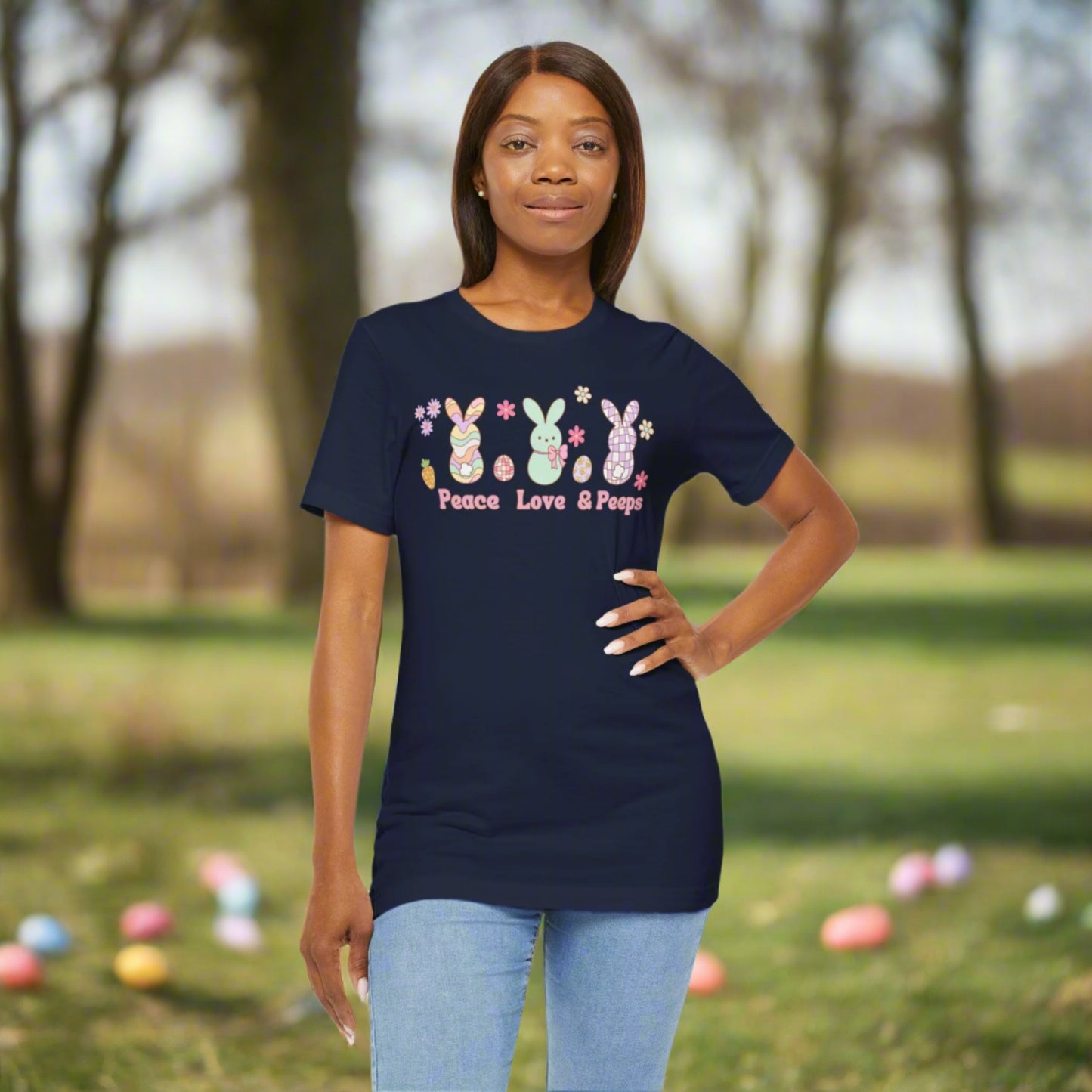 Image: Peace Love and Peeps Easter Shirt for Adults and Children. This Mommy and Me Match Easter Tee features Peeps Easter Candy with Easter Eggs and Daisies. A great Easter shirt for your family holiday celebrations, by jaecrece