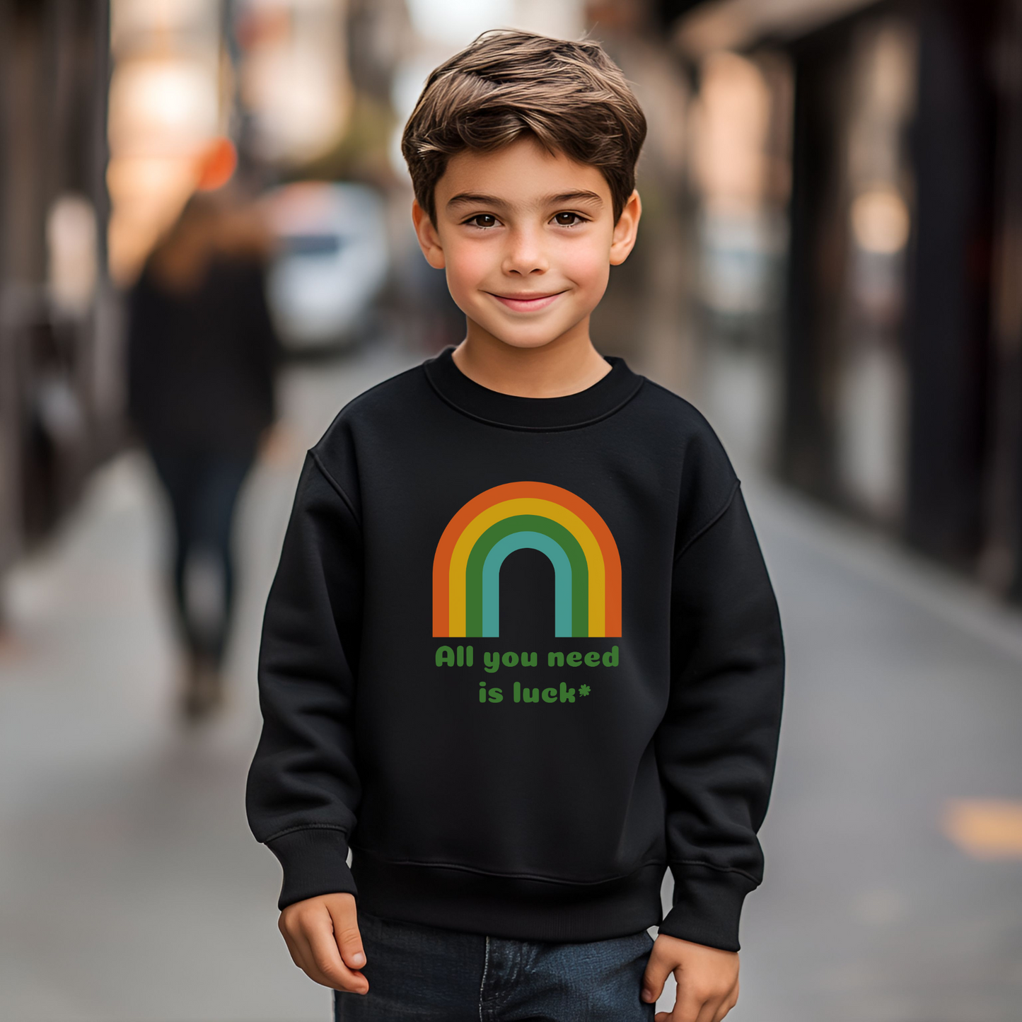 Image: All You Need is Luck St Patricks Day Sweatshirt for Toddlers Girls and Tweens. This crewneck pullover features a retro rainbow, the text All You Need is Luck and a four leaf clover. Available in white, black and gray, by jaecrece