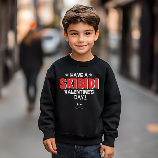 Skibidi Valentine's Day Kids Sweatshirt in black, featuring the playful phrase “Have a Skibidi Valentine’s Day!”—perfect for gamer boys and meme-loving tweens. This cozy pullover is ideal for school parties, Valentine's gifting, or meme trend lovers. Great for kids into Skibidi, Rizz, and viral humor. A fun, soft, regular-fit sweatshirt that pairs well with any cool tween style. Available in black and dark heather grey for children who love gaming jokes and internet humor.