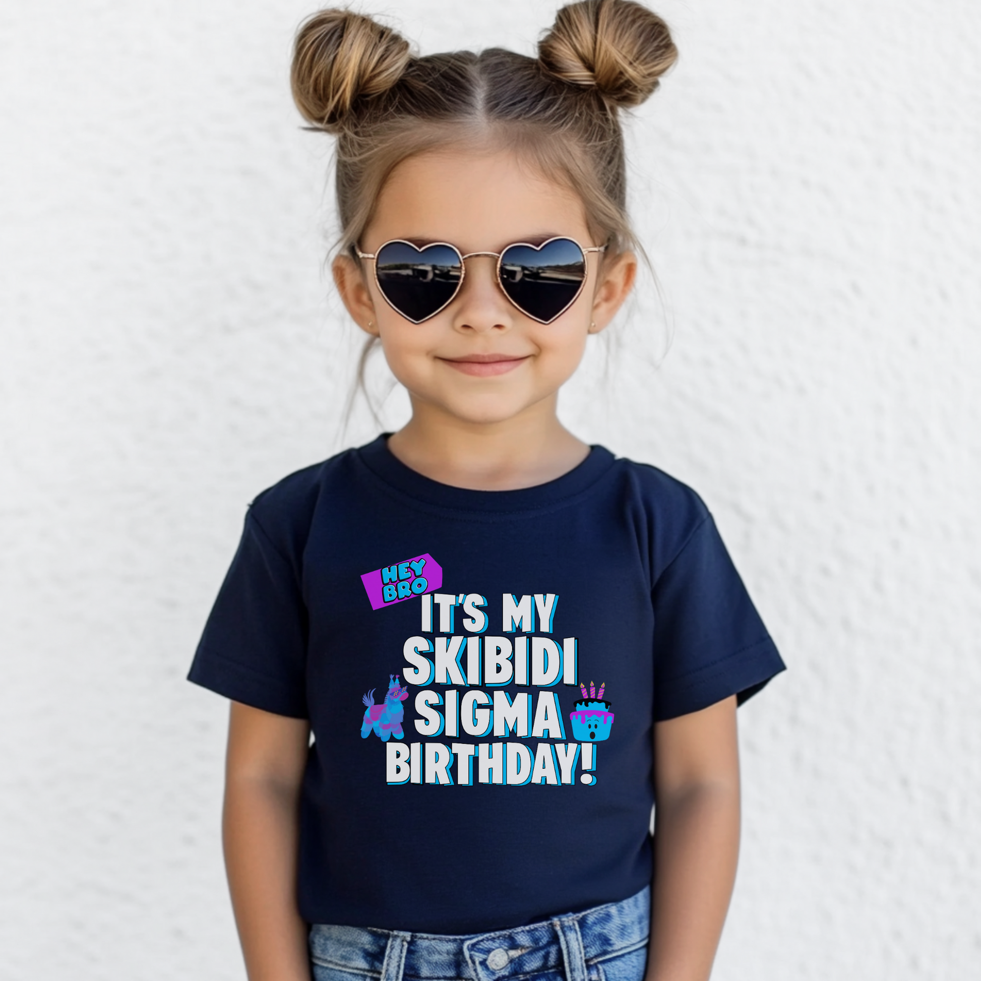Image: Skibidi Sigma Birthday shirt for Boys and Girls. This tshirt says Hey Bro, its my Skibidi Sigma Birthday with a llama pinata and a birthday cake, by jaecrece