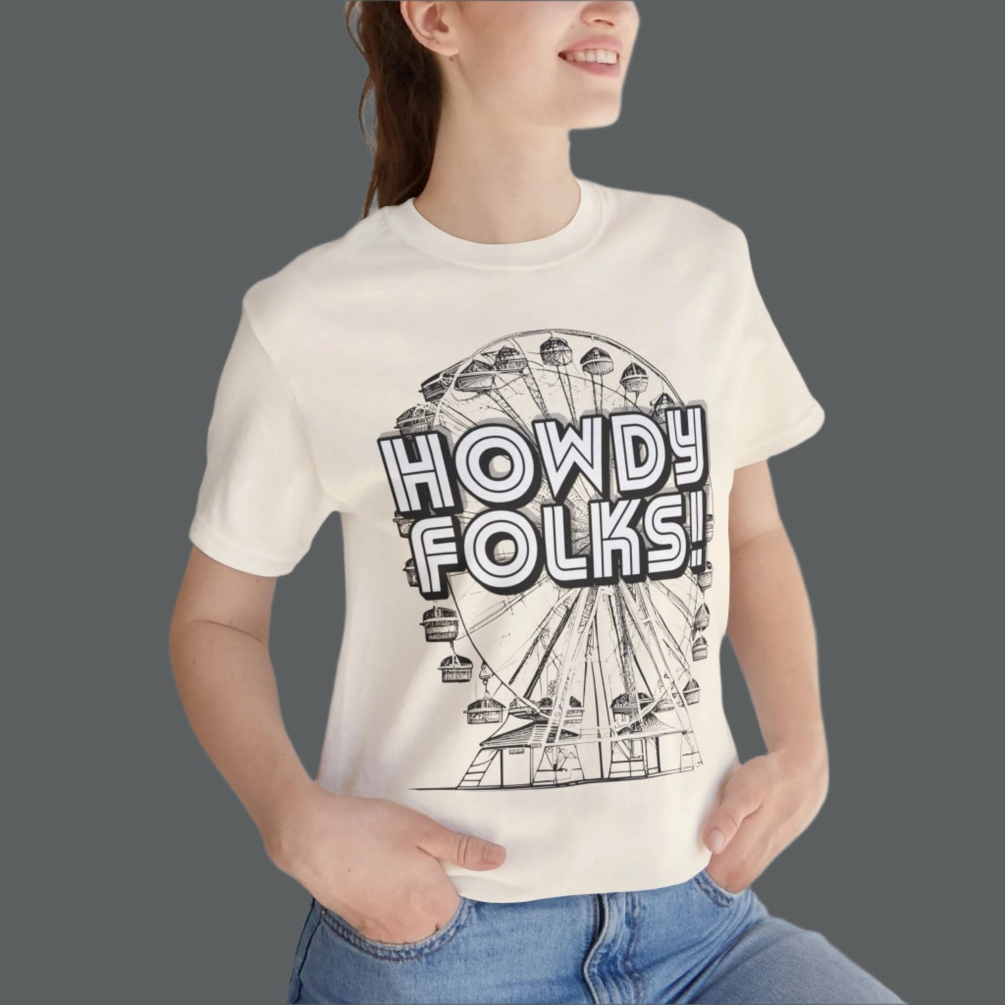 State Fair of TEXAS "Howdy Folks!'  adult shirt. This unisex tee features a retro graphic of a ferris wheel with the words Howdy Folks in large block letters. by jaecrece