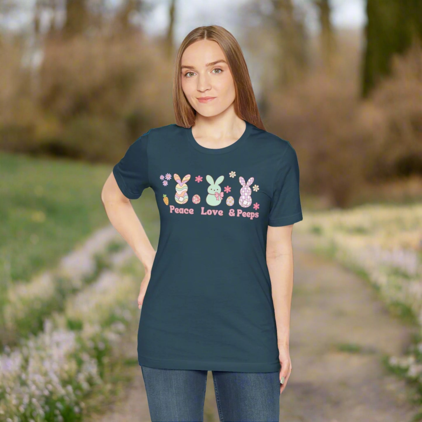 Image: Peace Love and Peeps Easter Shirt for Adults and Children. This Mommy and Me Match Easter Tee features Peeps Easter Candy with Easter Eggs and Daisies. A great Easter shirt for your family holiday celebrations, by jaecrece