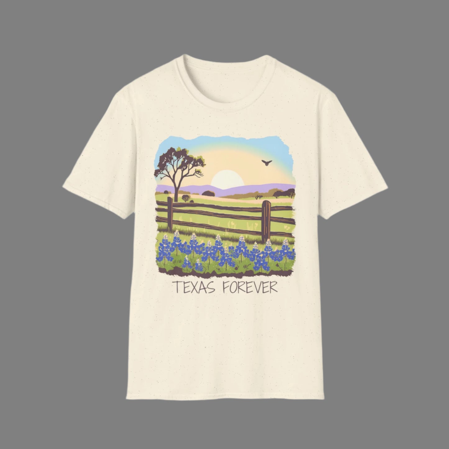 Image: A soft, stylish T-shirt featuring a breathtaking Texas Hill Country scene with bluebonnets in full bloom beneath a warm sunset sky. The phrase "Texas Forever" is printed across the design, making this a perfect tribute to the Lone Star State. Ideal for country music lovers, outdoor enthusiasts, or anyone who cherishes Texas wildflowers. A must-have for showcasing Texas pride in a casual and comfortable way, by jaecrece.