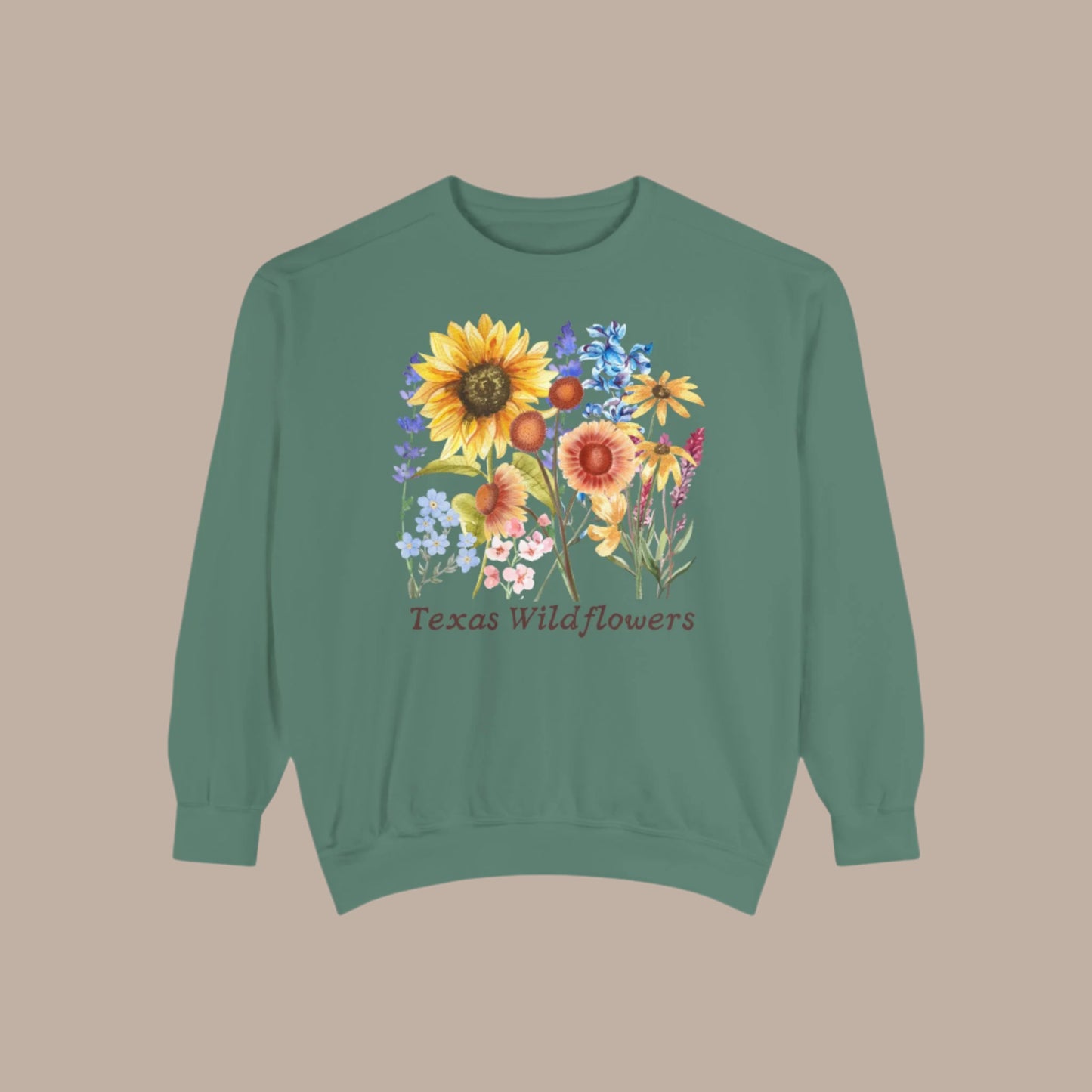 Soft and cozy Texas Wildflowers crewneck sweatshirt printed with a delicate wildflower design. Featuring bluebonnets and coreopsis, this floral fleece top embraces cottagecore, soft girl, and Southern vibes. Great for gifting to moms, daughters, or Texas natives who love springtime blooms, country drives, and nature-inspired fashion. Relaxed fit and breathable fabric for all-day comfort.