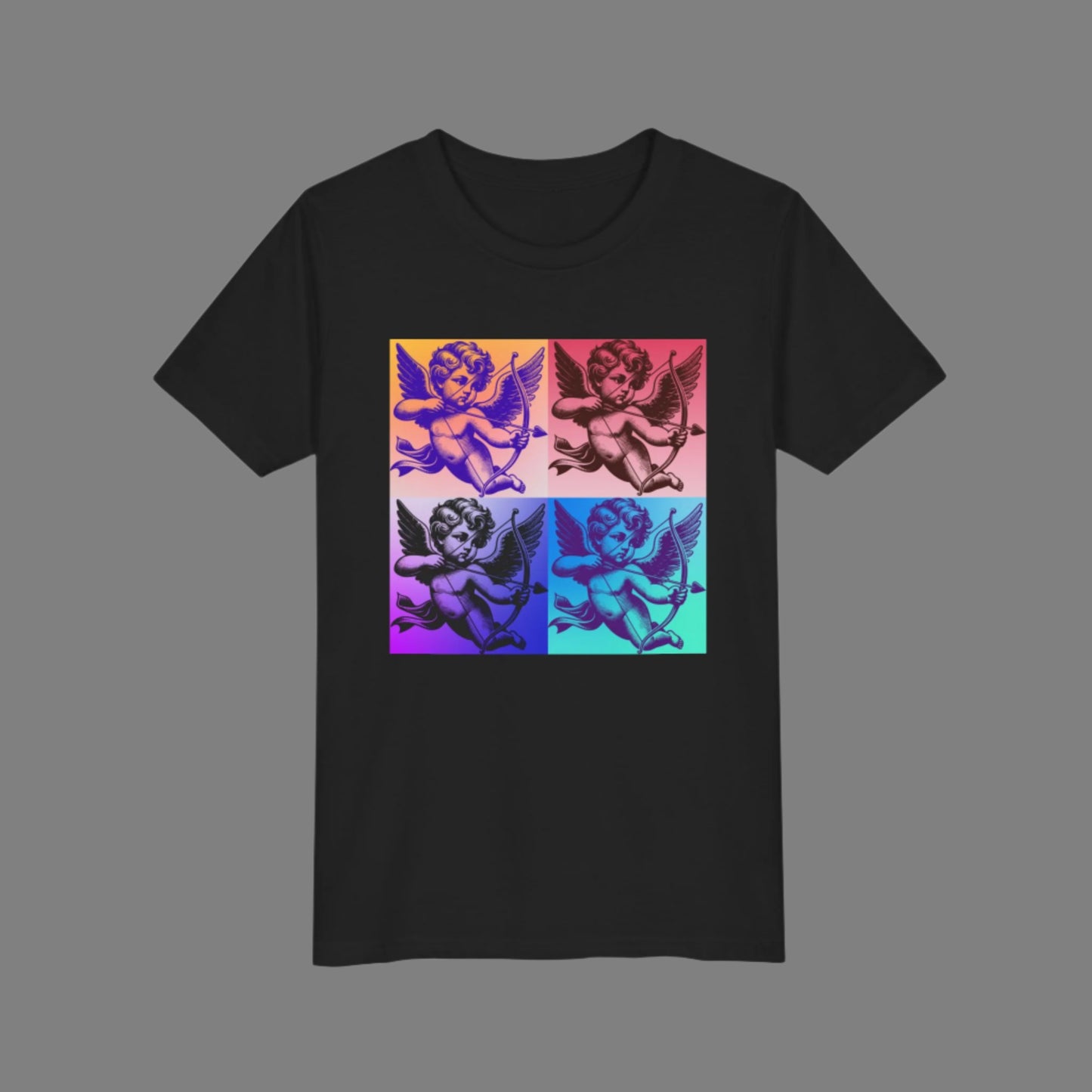 This Cupid graphic tee for kids captures the fun of retro pop art with a dreamy, celestial flair. Whether you're shopping for Valentine’s Day or looking for a year-round fashion statement, this shirt pairs edgy art with soft girl colors in black, pink, and white. The print’s whimsical cloud scene is perfect for kids who love expressive, artsy clothing. Part of a matching collection with toddler and adult options for coordinated family looks.