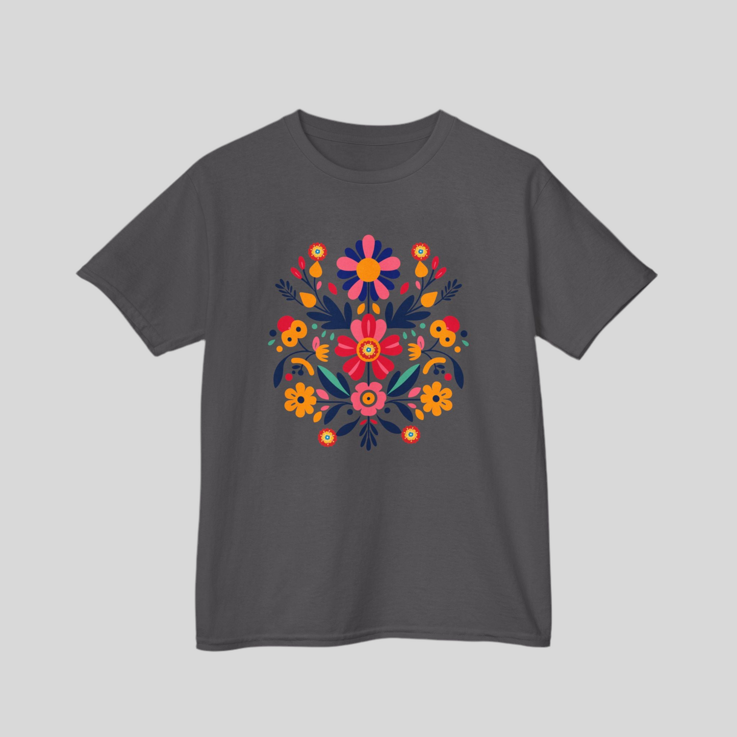 Floral Otomi Folk Art Girls’ T-shirt in sizes XS–XL featuring bright colors and a bold print inspired by Mexican heritage. This youth crew neck tee is made from soft, ethically sourced cotton and offers a breathable fit perfect for play, travel, or events. A stylish yet meaningful gift for girls who love cultural fashion, Latinx identity, or vibrant boho designs rooted in folk art tradition.