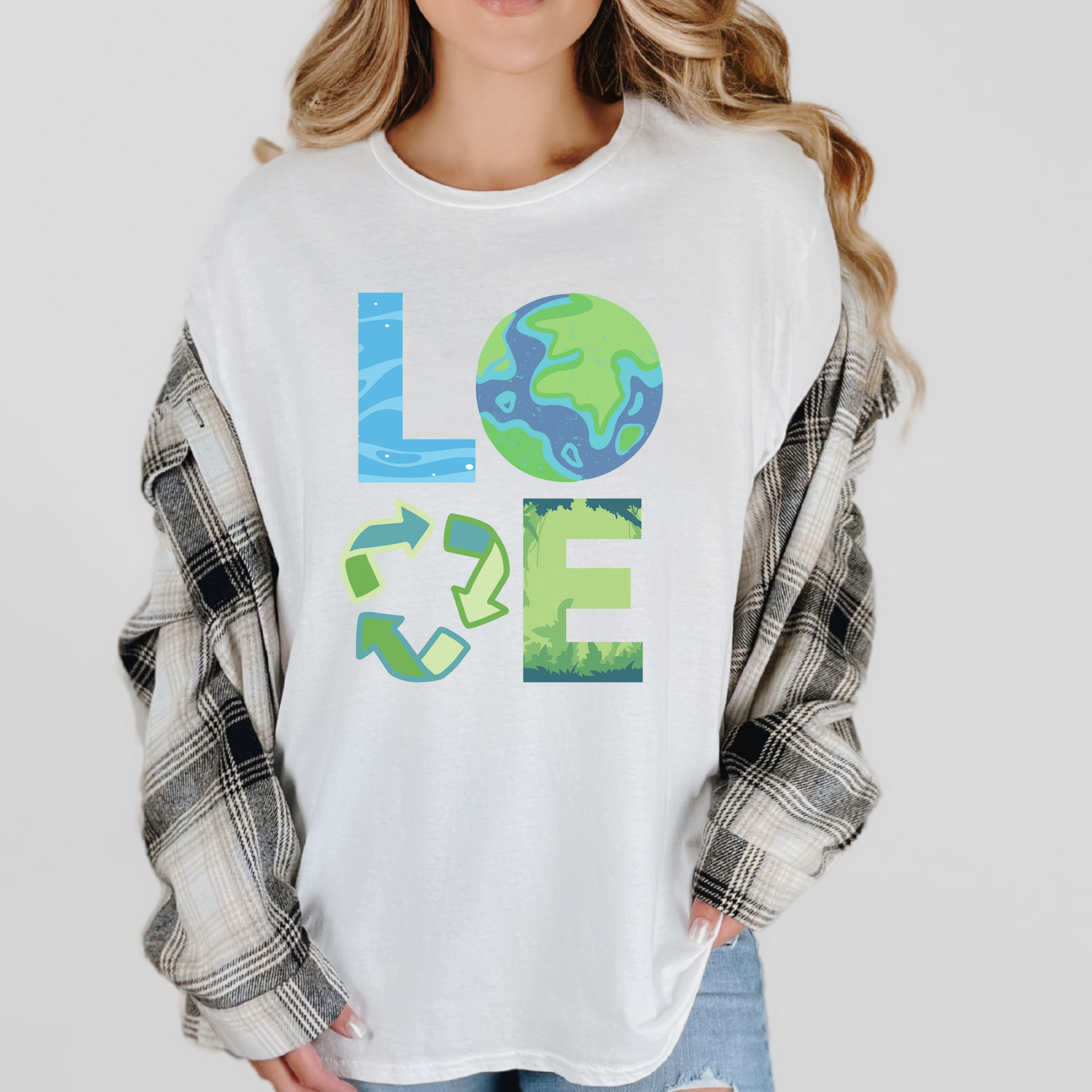Image: A Love Earth Day t shirt promoting environmental awareness and sustainability. This unisex design is available in sizes for kids and adults, making it a great option for families who want to celebrate Earth Day together. The bold lettering and vibrant design inspire action, making it perfect for nature lovers, eco warriors, and climate activists. Wear it proudly to spread the message of conservation and caring for the planet, by jaecrece.
