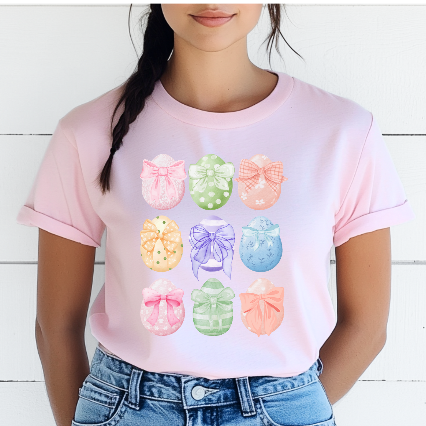 Image: Easter egg tshirt with coquette bows for women. This tee makes a great Easter basket gift, or the perfect outfit for Easter celebrations, by jaecrece