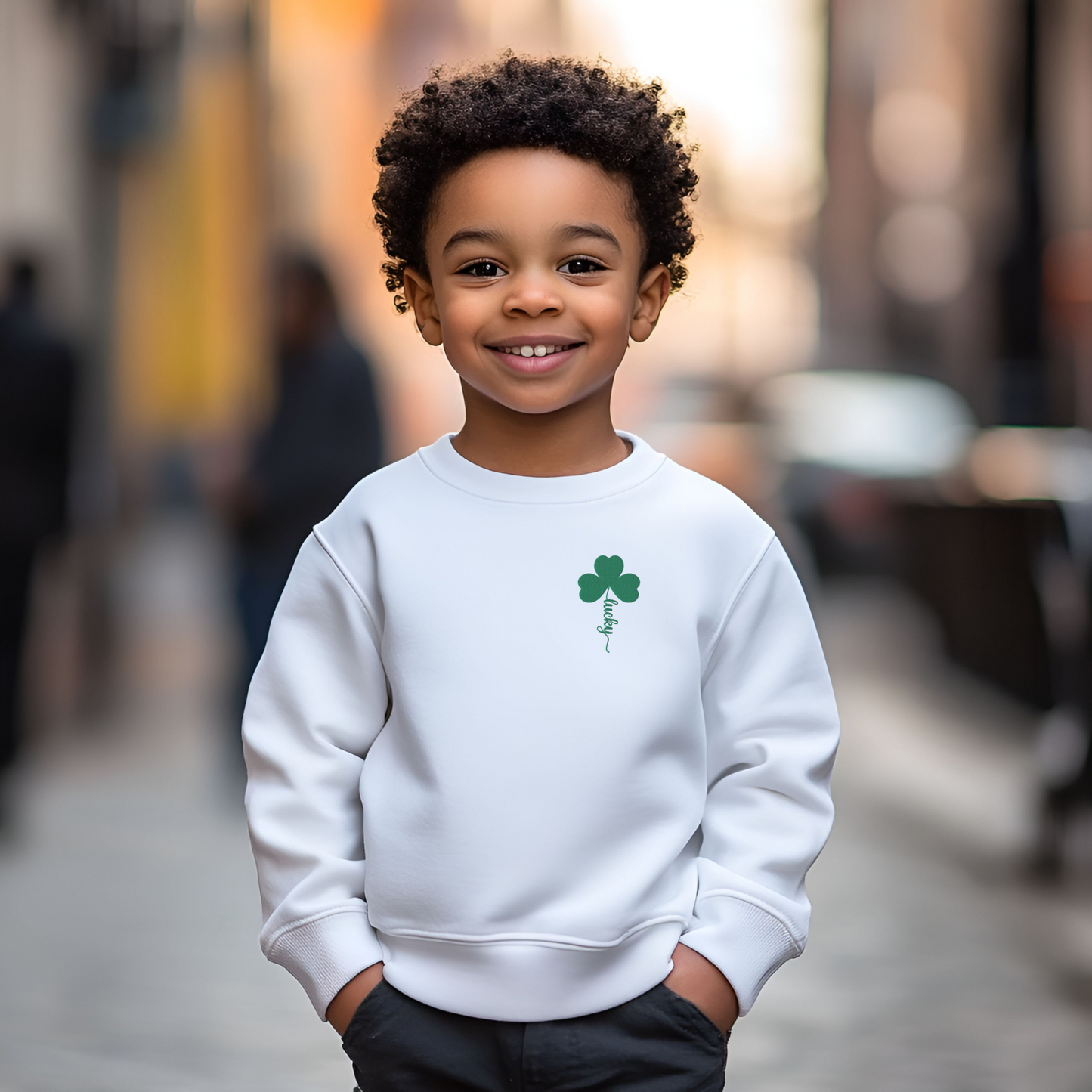 Image: St Patricks Day Emboidered Shamrock Lucky Sweatshirt. This white crewneck pullover has embroidered green four leaf clover, and stem of the clover spells Lucky. Available in sizes for toddlers, girls, boys tweens, by jaecrece