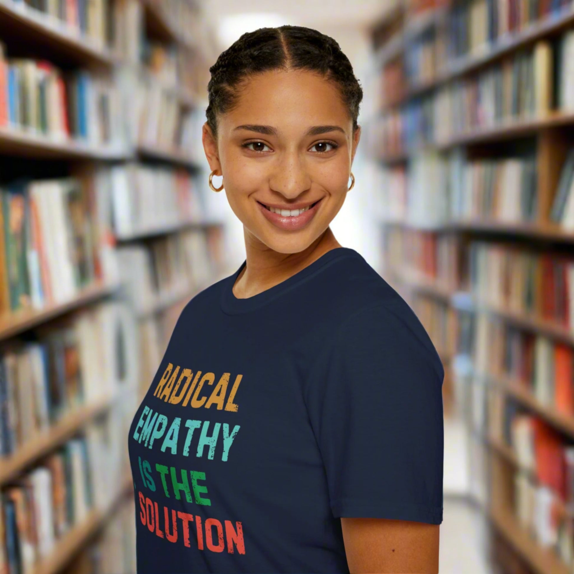 Image: Make a statement with this bold "Radical Empathy is the Solution" t-shirt, a must-have for activists and progressive thinkers. This unisex tee is perfect for rallies, protests, or everyday wear, ensuring your values are seen and heard. Whether you support mental health awareness, neurodiversity, or feminist causes, this inclusion shirt is a great way to share your message, by jaecrece.