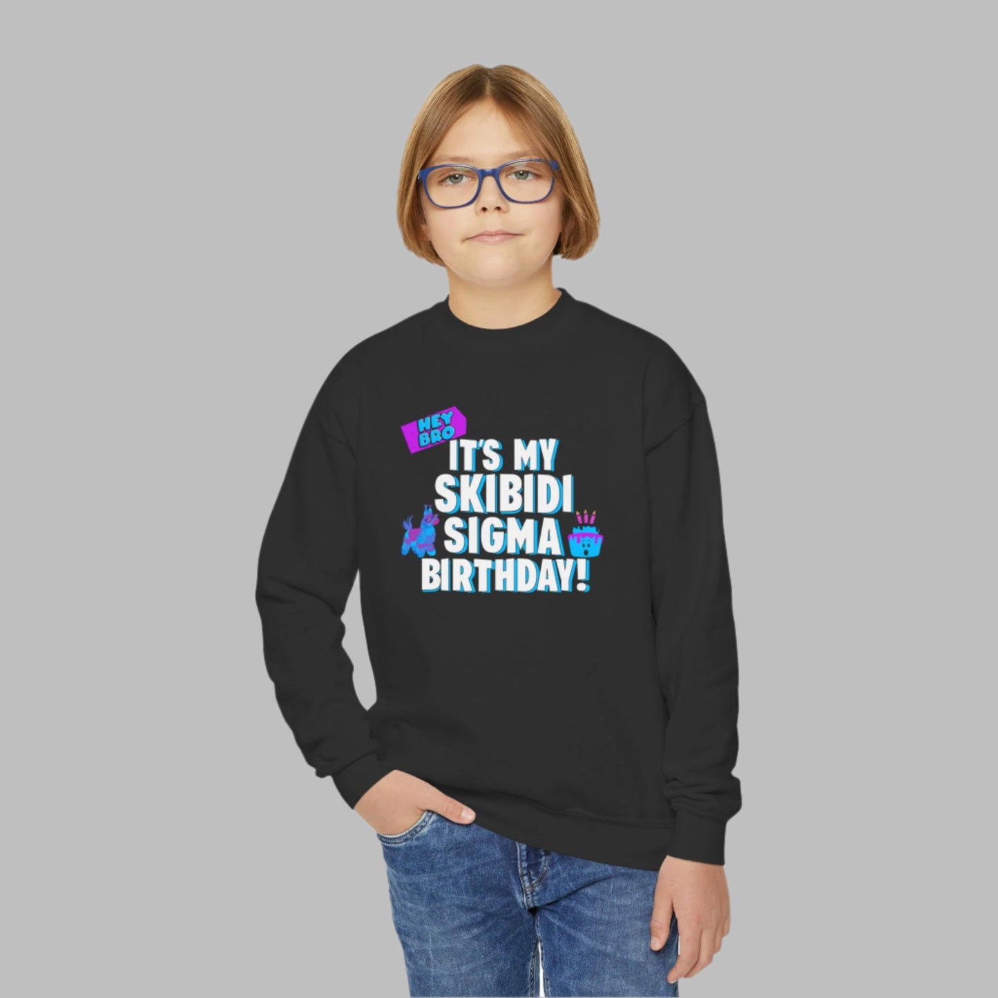 Image: Skibidi Sigma Birthday shirt for Boys and Girls. This tshirt says Hey Bro, its my Skibidi Sigma Birthday with a llama pinata and a birthday cake, by jaecrece