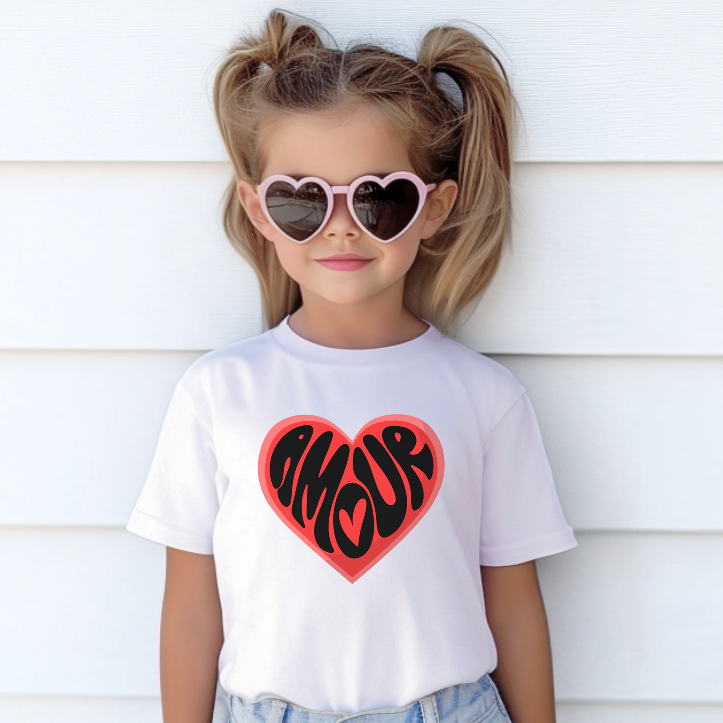Celebrate love and style with the Amour Love Girls T-shirt, a soft cotton tee for girls in sizes XS–XL. Featuring a chic heart and "Amour" text, this French Valentine shirt for girls is perfect for matching with mom or gifting your tween for Galentine's Day. A coquette-inspired Paris fashion tee that’s ideal for stylish girls who love French sayings, pink aesthetics, and cute heart-themed outfits. Great for casual wear or holiday celebrations.