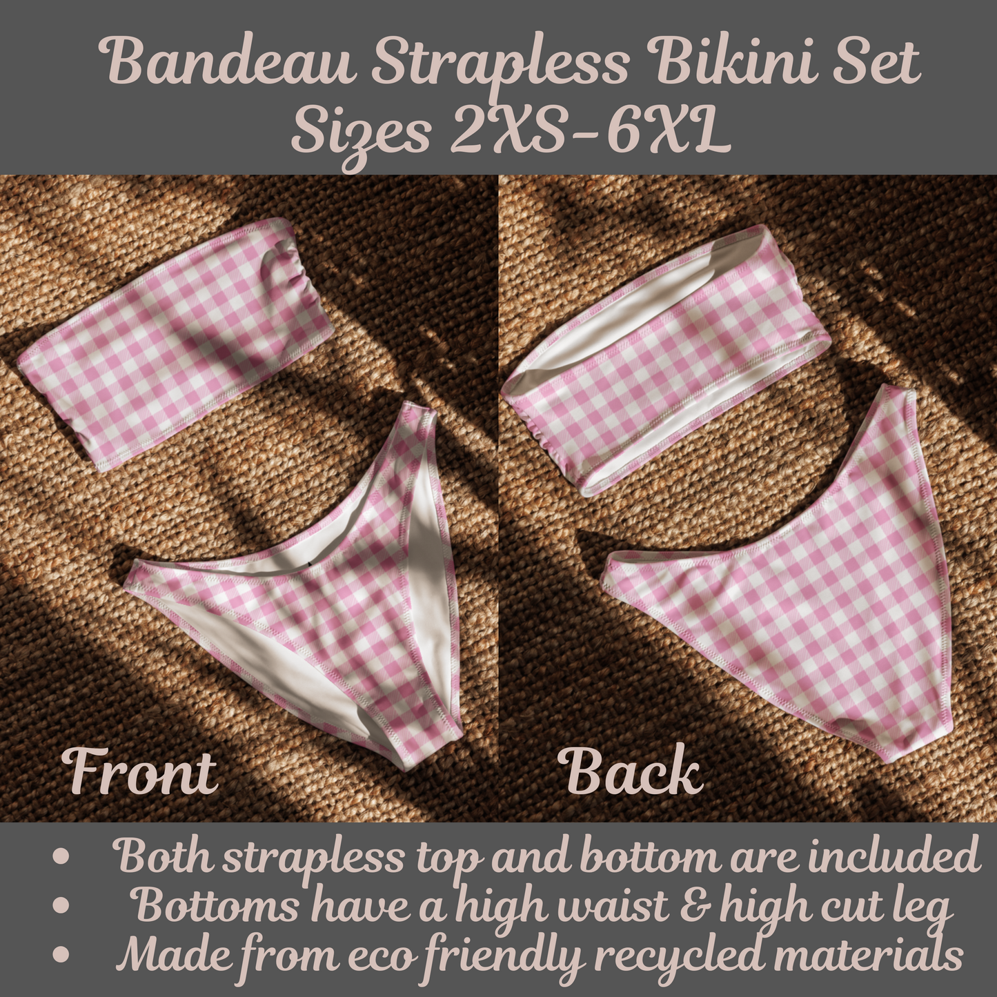 Two-piece pink gingham bandeau bikini with soft girl, cottagecore, and Y2K aesthetic appeal. This strapless swimsuit features a pink check pattern that brings playful, feminine energy to any summer setting. Ideal for vacations, beach days, or lounging by the pool, this cute swimwear set is perfect for trendy girls who love vintage-inspired fashion, picnic prints, and romantic coquette style.