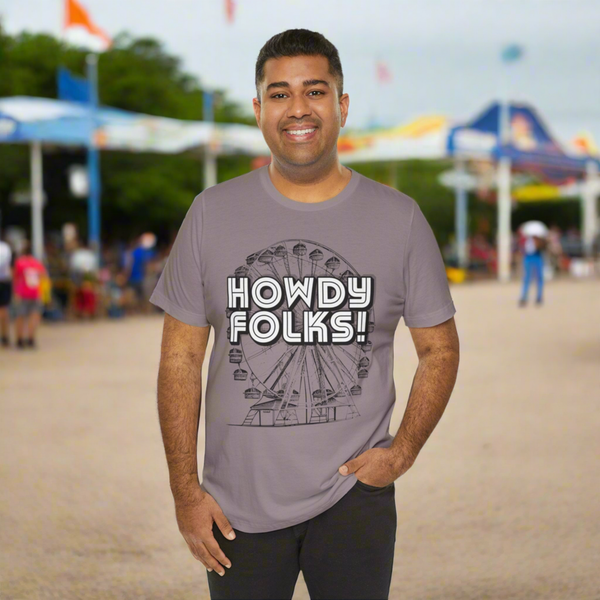 State Fair of TEXAS "Howdy Folks!'  adult shirt. This unisex tee features a retro graphic of a ferris wheel with the words Howdy Folks in large block letters. by jaecrece