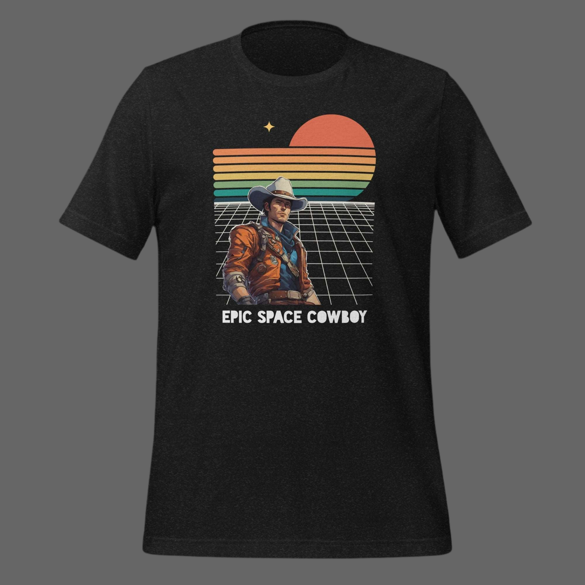 Epic Space Cowboy Adult Shirt- black men’s crewneck T-shirt featuring a retro futuristic space scene and a man in a cowboy hat, by jaecrece
