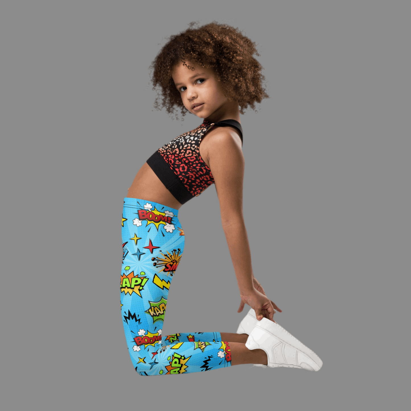 Blue leggings in size 2T-7, with superhero graphics, and phrases like: Bam, Smash, Zap, Kapow. Comic Book Toddler Leggings, Superhero Kids Pants, Comic Con Cosplay Tights, Birthday Party Gift for Boys or Girls, by jaecrece