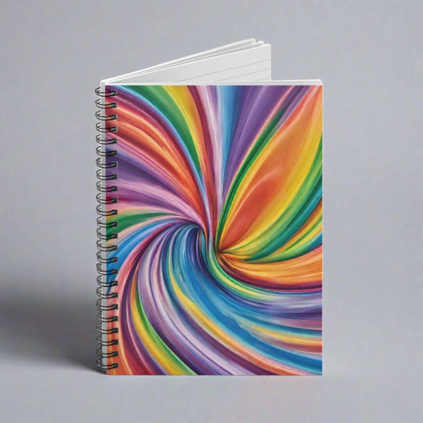 Image: Bold rainbow abstract swirl notebook with lined pages and a sturdy metal spiral, perfect for adding personality to your school or work routine. Ideal for Pride celebrations, LGBTQ stationery lovers, or anyone looking for a unique rainbow gift idea. This colorful notebook combines function and flair, making it great for writing, planning, or back-to-school gear with a playful, expressive twist.by jaecrece