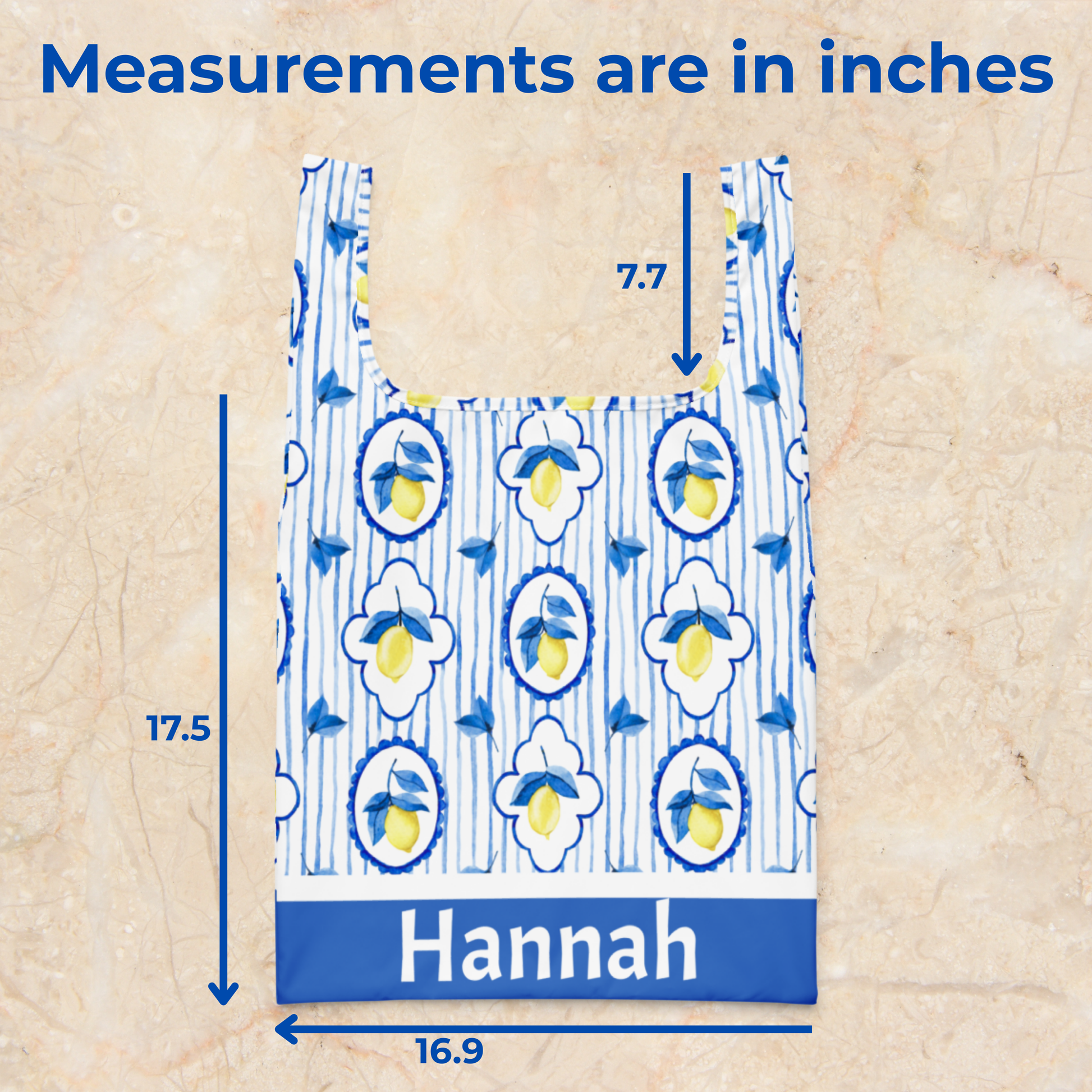 Amalfi Lemon Tote Bag with integrated strap construction for added durability, perfect for heavy use as a grocery tote, market bag, or vacation travel accessory. Inspired by Italian summer with watercolor lemons and Mediterranean tile pattern, this reusable eco friendly tote is washable and folds down with an elastic band for easy storage. Sized 15.5" × 25.3", it’s a stylish yet practical gift for women, teachers, and travelers.