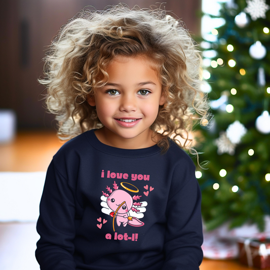 A child with curly hair wearing a navy youth crewneck sweatshirt with a white graphic of an axolotl and text that says 'I love you a lot-L' on the front.