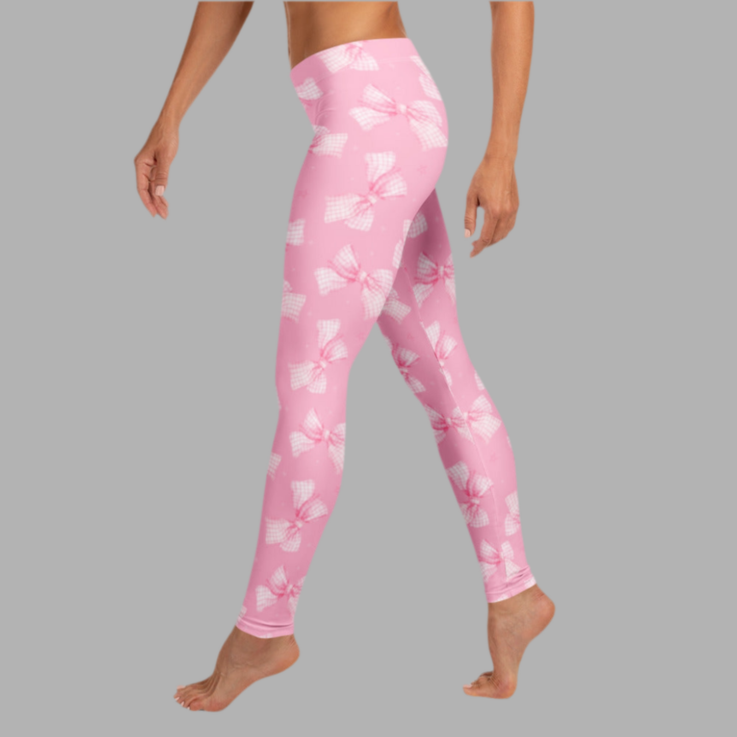 Image: Coquette bow leggings for women in light pink with tiny bows. Designed for comfort and cuteness, this piece offers a stylish option for women who love soft colors and playful prints. Great for gifting, everyday wear, or coordinating with a matching child’s pair, by jaecrece.