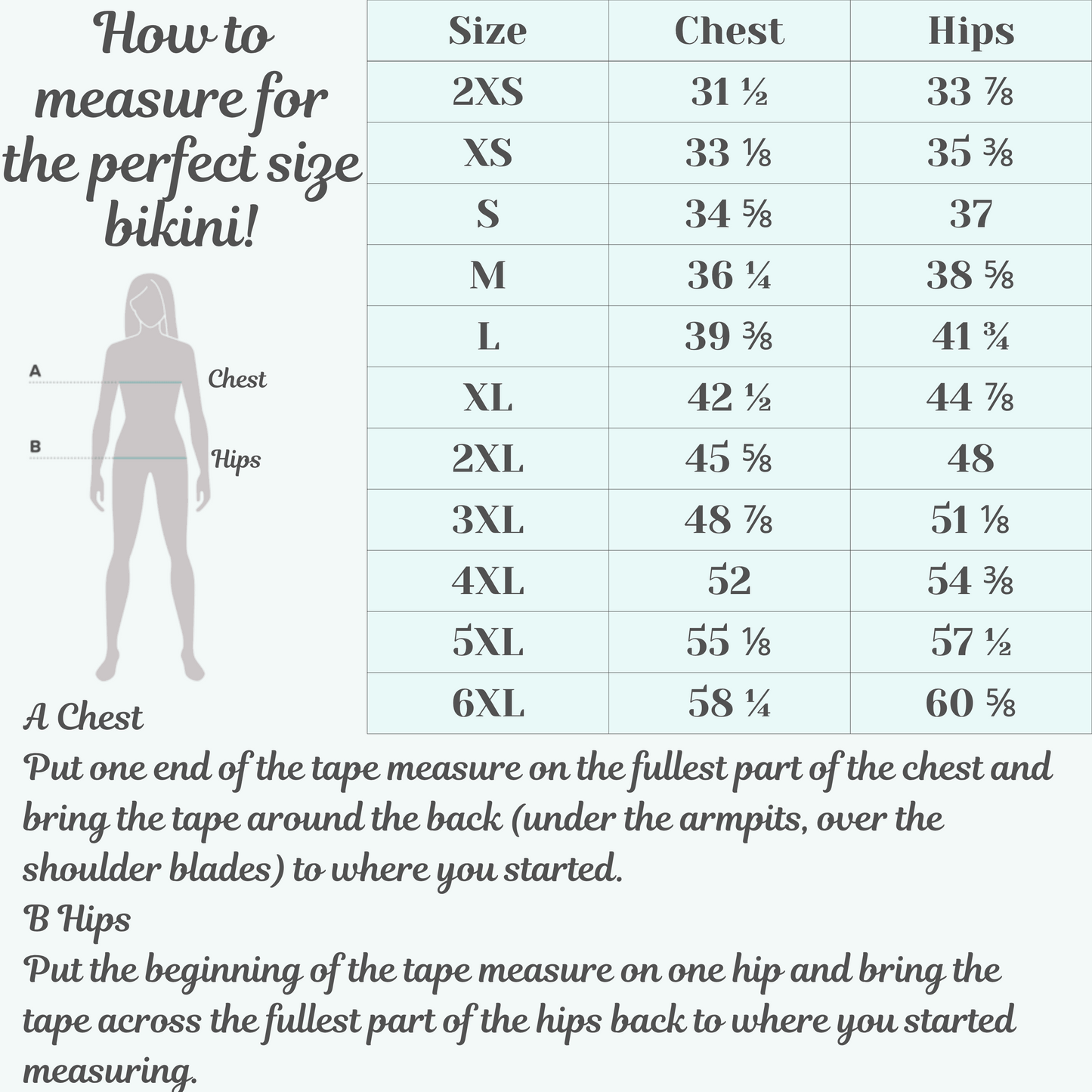 Size chart for Pink Gingham bandeau bikini showing measurements for sizes 2XS–6XL. Includes bust, waist, and hip guides to ensure a perfect fit. Mid-rise and high-rise options depending on size range. This inclusive sizing chart supports buyers of all body types in finding comfortable, flattering swimwear. Ideal for those seeking sustainable, recycled, OEKO-TEX certified bikinis with four-way stretch and UPF protection.