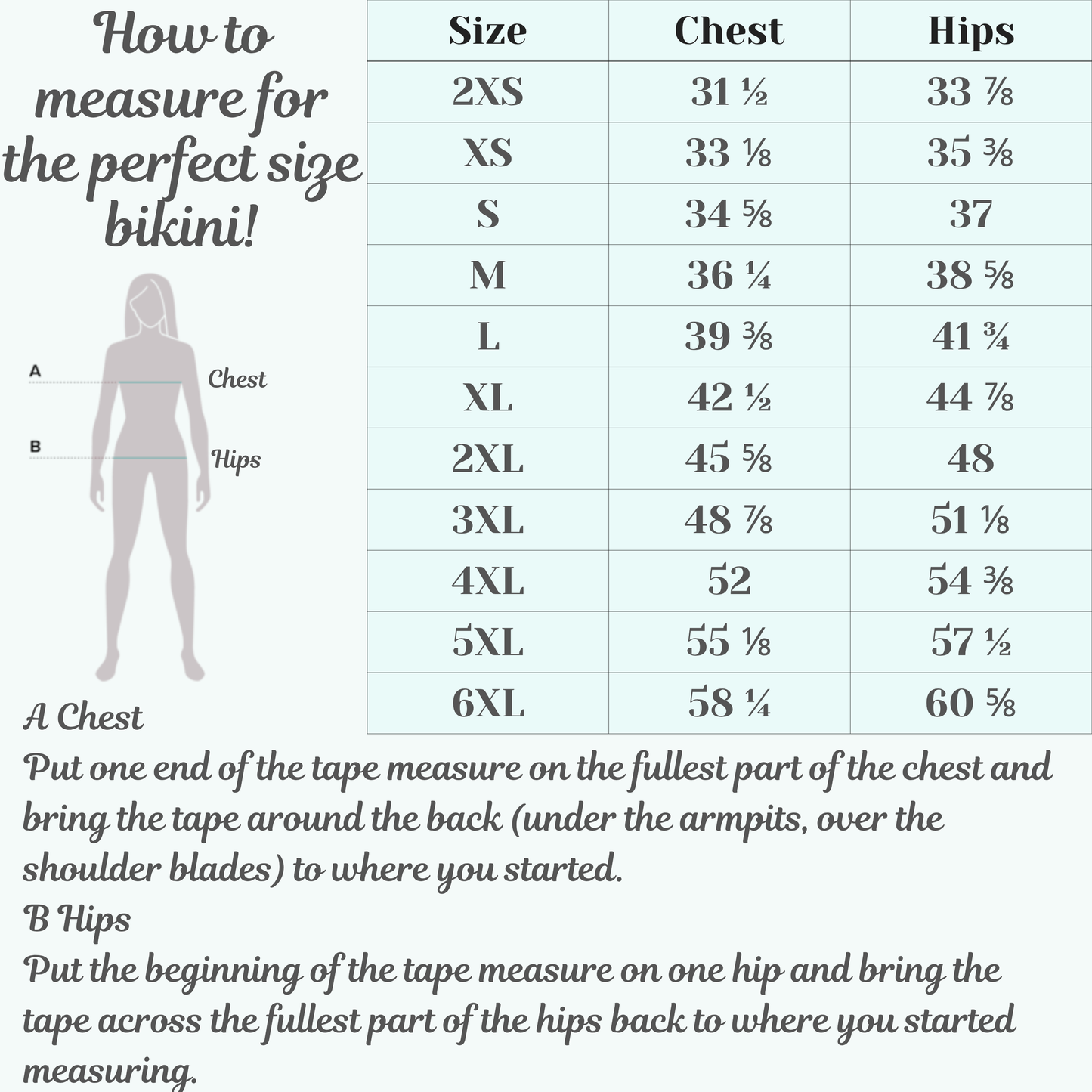 Size chart for Blue Prisms bandeau bikini showing measurements for sizes 2XS–6XL. Includes bust, waist, and hip guides to ensure a perfect fit. Mid-rise and high-rise options depending on size range. This inclusive sizing chart supports buyers of all body types in finding comfortable, flattering swimwear. Ideal for those seeking sustainable, recycled, OEKO-TEX certified bikinis with four-way stretch and UPF protection.