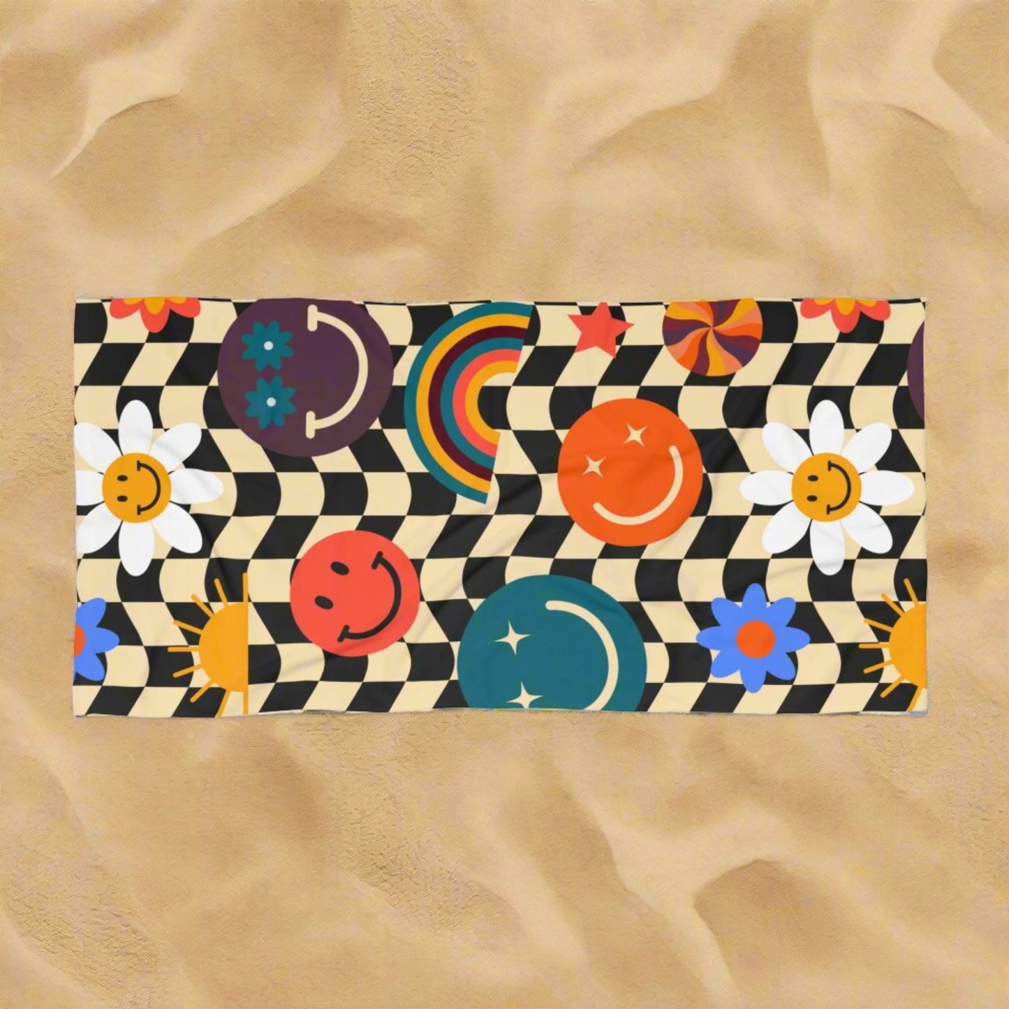 Bring cheerful, vintage energy to your next beach or pool day with this retro checkerboard smiley face towel. Its colorful check pattern and bright smile design make it a standout summer essential. Soft cotton back ensures comfort and absorbency, while the printed polyester front adds style and durability. A perfect personalized beach gift or travel accessory for retro fans.