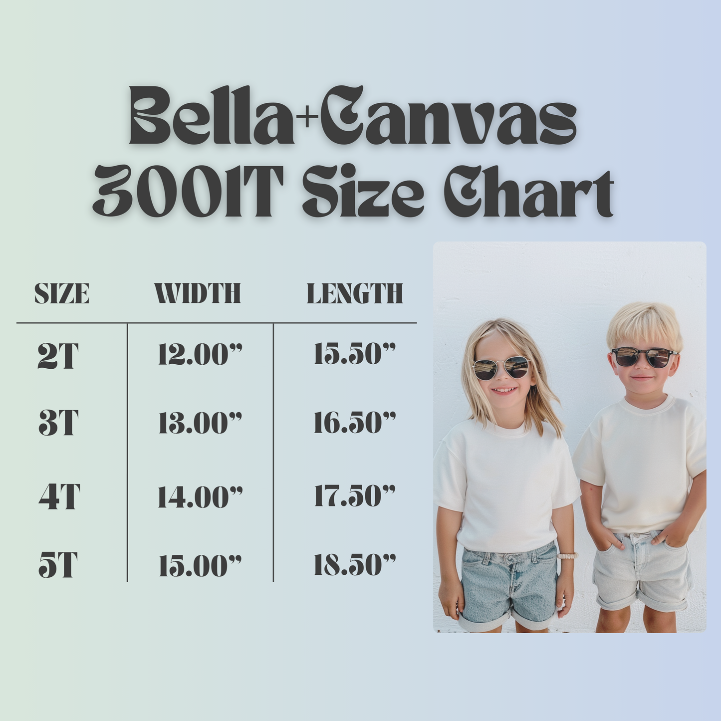 Size chart for Bella Canvas 3001T shirt in sizes 2T, 3T, 4T, 5T