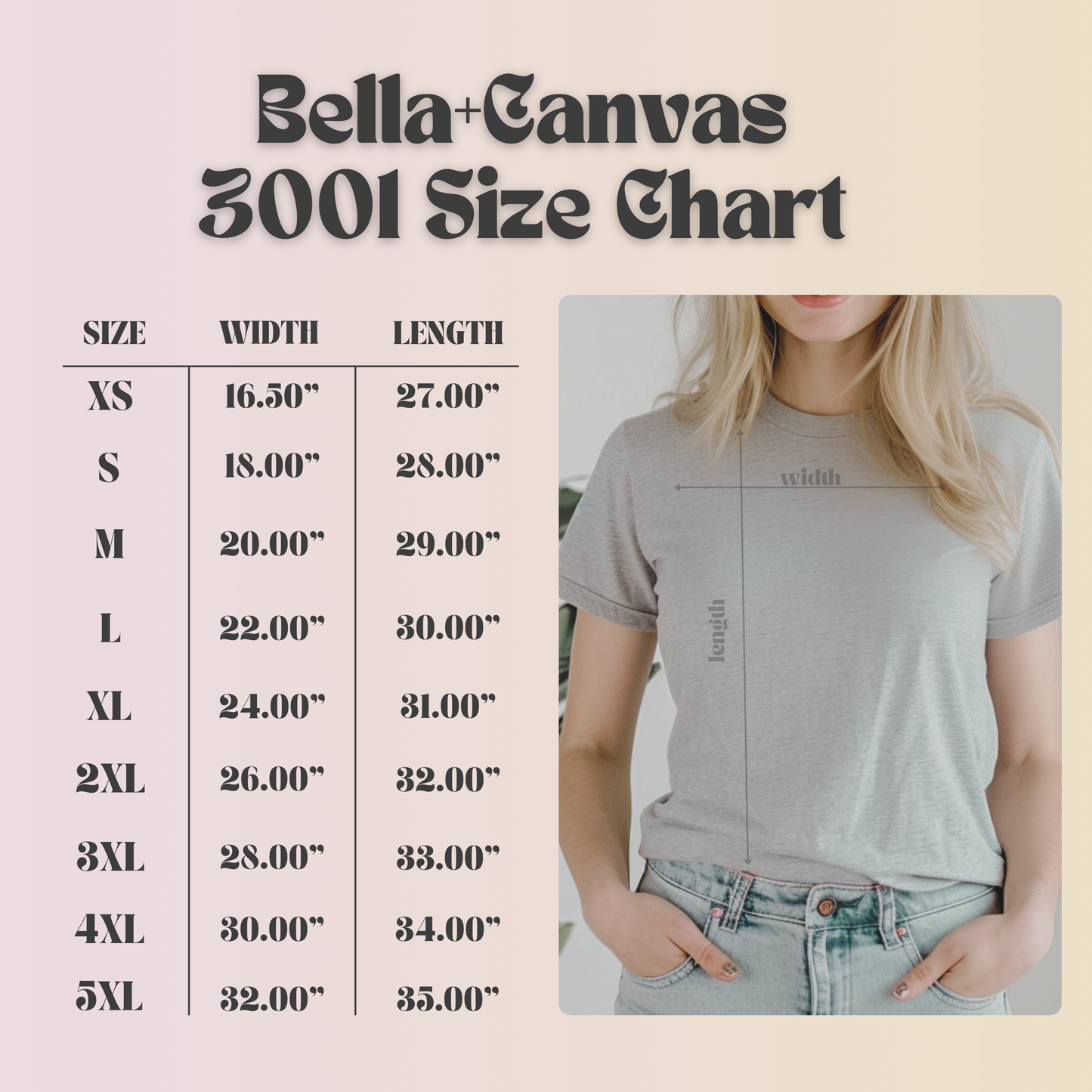 Bella+Canvas 3001 Adult shirt Size Chart. This unisex crewneck tshirt is available in XS, S, M, L, XL, 2L, 3XL, 4XL and 5XL.