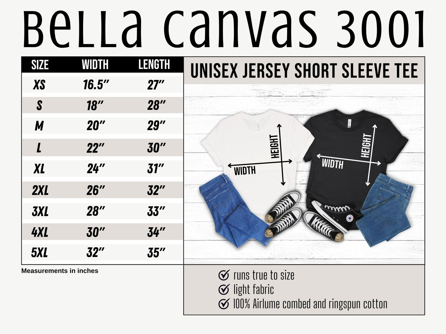 Size chart for Bella Canvas 3001 t-shirt in Sizes XS, S, M, L, XL, 2XL, 3XL, 4XL and 5XL with measurements and clothing items.