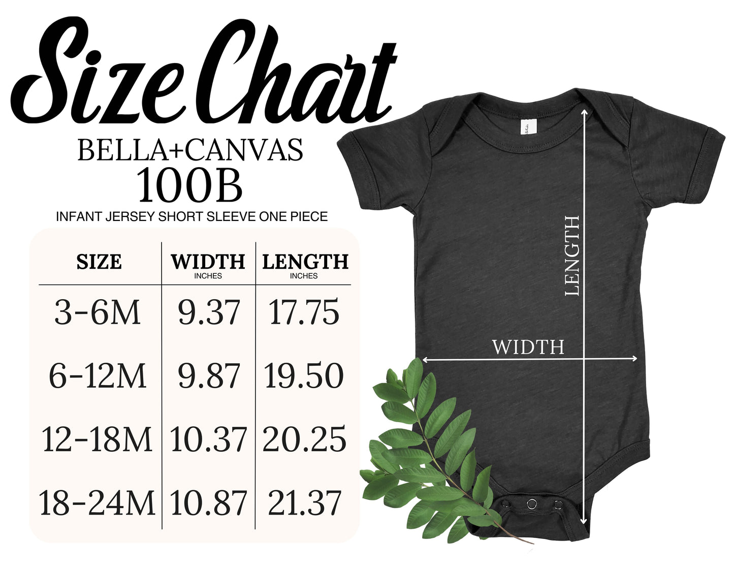 Size chart for the Little Monster baby bodysuit, printed on a soft Bella + Canvas 100B one-piece. Shows measurements for newborn to 24 months, including approximate weight and length from shoulder to bottom snap closure. Designed with a roomy fit, envelope neckline, and three-snap leg closure for easy diaper changes. Helps parents choose the perfect fit for Halloween outfits, everyday wear, or as a thoughtful baby shower gift for infants.