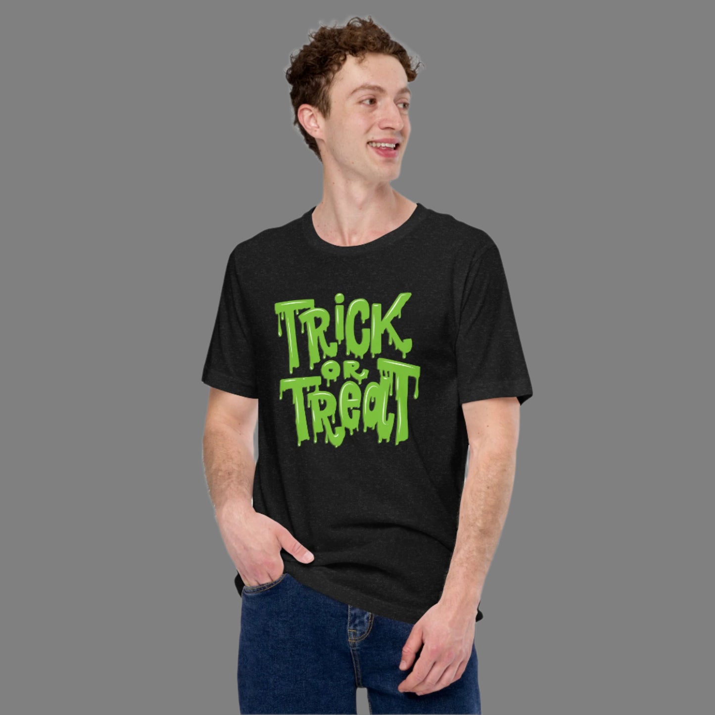 Unisex Trick or Treat t-shirt with green slime lettering for a spooky, playful Halloween look. Made from 100% cotton and available in sizes XS–5XL, this Halloween tee is a fun and comfortable way to celebrate October. Perfect for horror fans, haunted house nights, and group costume themes with a gothic twist.