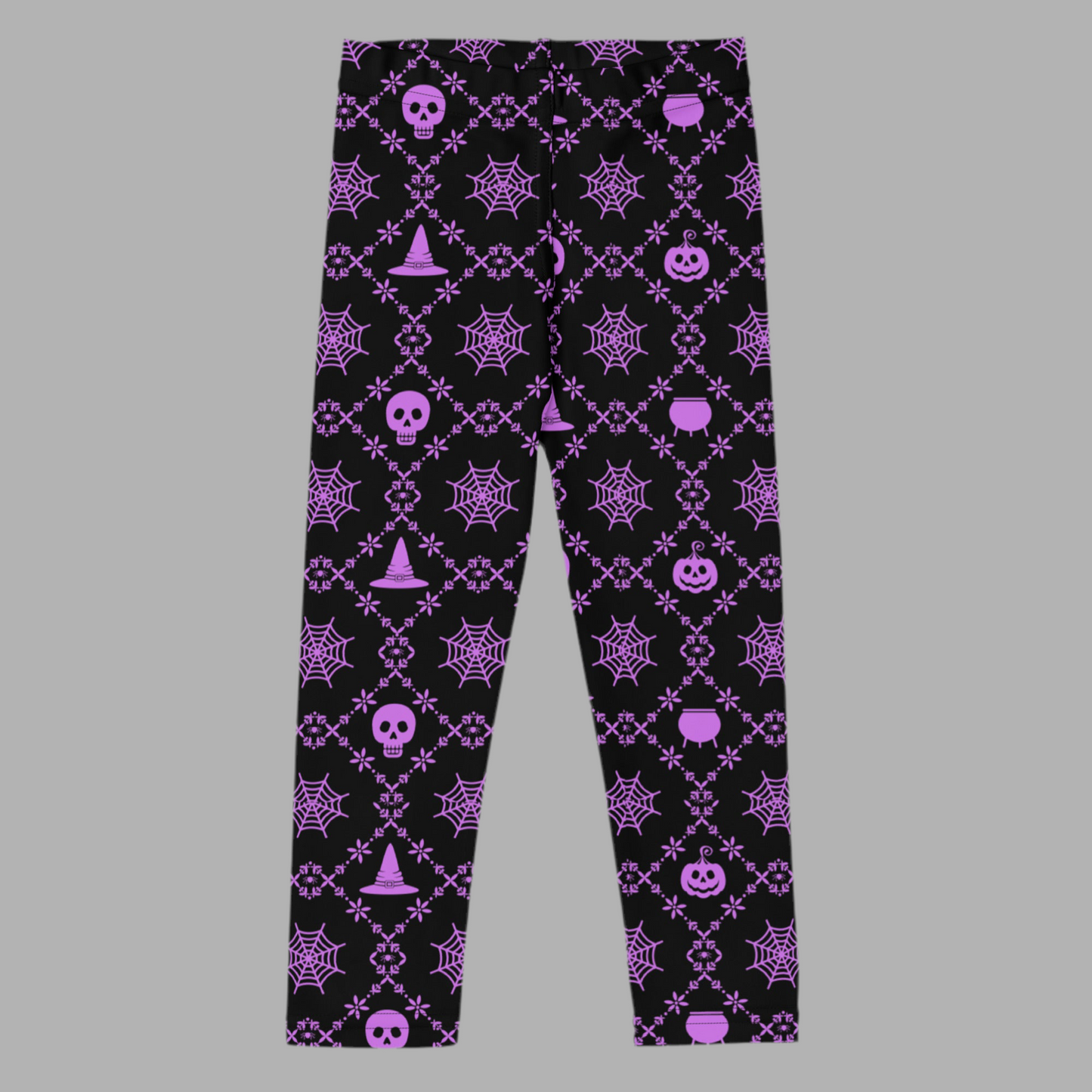 Black leggings with purple Halloween-themed pattern on a gray background