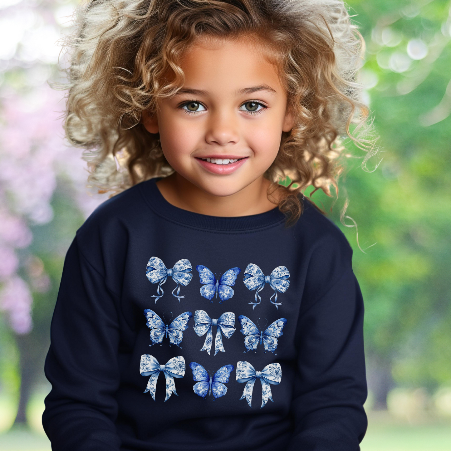 Image: Girls' sweatshirt in a soft blue toile pattern with butterflies and bow accents. Sizes XS through XL fit tweens and older girls. Part of a matching collection for family photos or sister sets. Inspired by Texas coquette and Western trends, this comfy sweatshirt is perfect for school, travel, or relaxing at home. The timeless vintage vibe makes it a great gift for birthdays or holidays, by jaecrece.