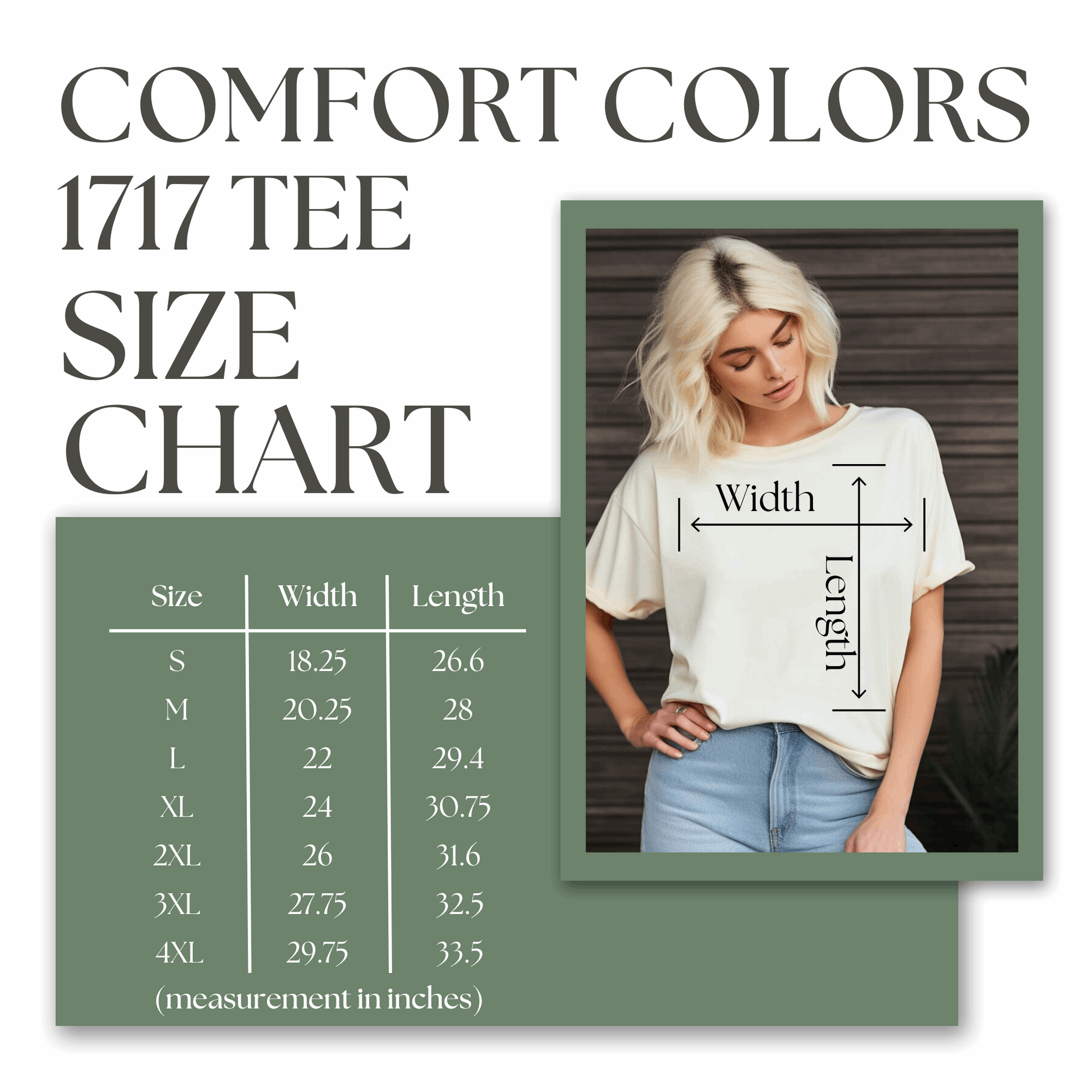Size chart for Boho Botanical Mushroom Shirt printed on Comfort Colors 1717 tee, showing unisex measurements for sizes S, M, L, XL, 2XL, 3XL, and 4XL. This helpful guide ensures the perfect fit for mushroom lovers, plant enthusiasts, and fans of botanical fashion, goblincore, fairyboho, cottagecore, and boho mystic aesthetics. Use this chart to select your ideal woodland shirt in earthy tones Ivory, Blue Spruce, Butter, Granite, and Pepper for fall, autumn, or casual everyday wear.
