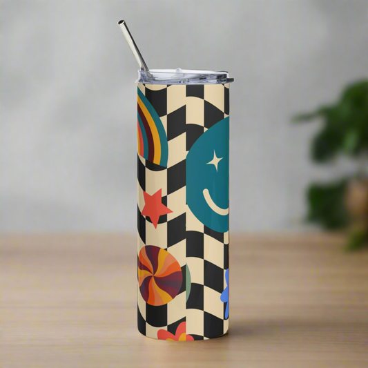 Retro Smiley Face Checkerboard 20 oz Stainless Steel Tumbler, created with a fun black and tan checker pattern with rainbows, smiley faces and daisies, by jaecrece.com