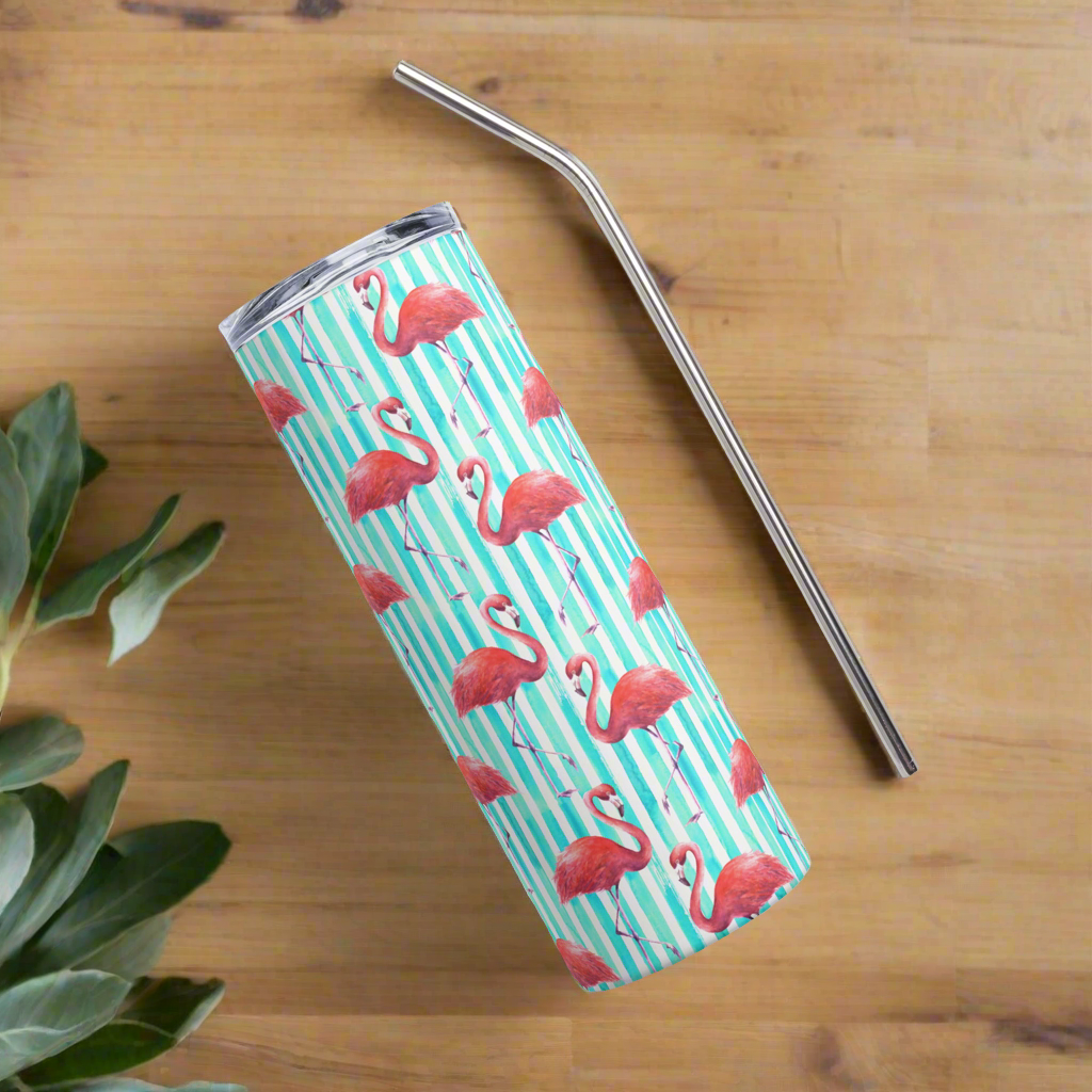 Cute pink flamingo tumbler with straw, 20 oz size, made from durable stainless steel and designed for summer sipping. Keep your drinks cold at pool parties, beach days, or while running errands. This flamingo-themed insulated travel mug is great for iced coffee lovers, tropical fans, and reusable cup collectors. Perfect summer gift for women, teachers, or coastal enthusiasts