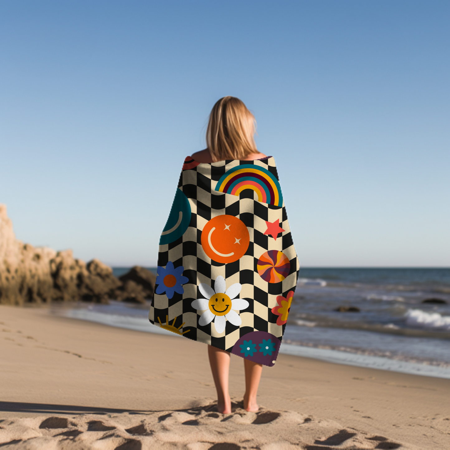 Make every day feel like a beach vacation with this retro smiley checkerboard towel, designed in sunny pastel hues for a happy, nostalgic aesthetic. Crafted with a plush cotton back and soft printed polyester front, it’s ideal for pool parties, seaside getaways, or cozy lounging. Perfect gift for summer travelers, retro lovers, and coastal-inspired home décor enthusiasts.