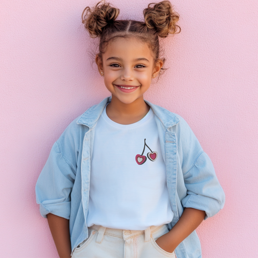 Girls embroidered cherry tshirt in soft cotton featuring heart shaped cherries stitched on the chest, available in white natural and azalea. This cute girls outfit is perfect for school, playdates, summer outfits, mommy and me matching looks, and everyday wear. Boutique style kids clothing with soft girl aesthetic, coquette style, cherry print trend, girly outfits, kids fashion, comfortable cotton tee, casual girls clothing, toddler and youth fashion, sweet summer outfit ideas