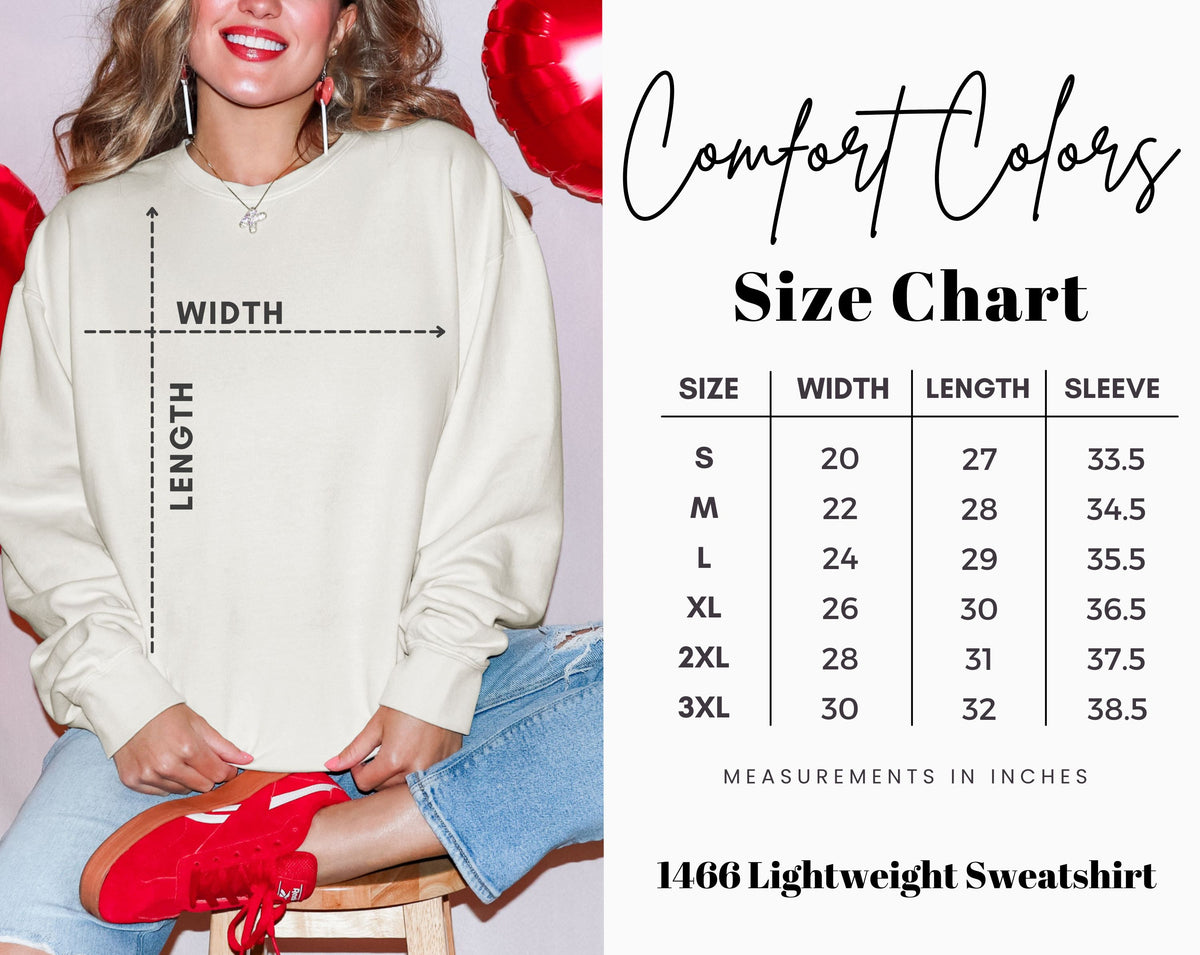 Comfort Colors 1466 sweatshirt size chart showing garment measurements by size to help customers choose the best fit before ordering. The 1466 is a premium garment dyed sweatshirt made with 100 percent ring spun cotton and known for its substantial feel, soft lived in texture, relaxed fit, and durable construction. Comparing the measurements with a favorite sweatshirt can help ensure the right fit for this higher quality, long lasting garment.