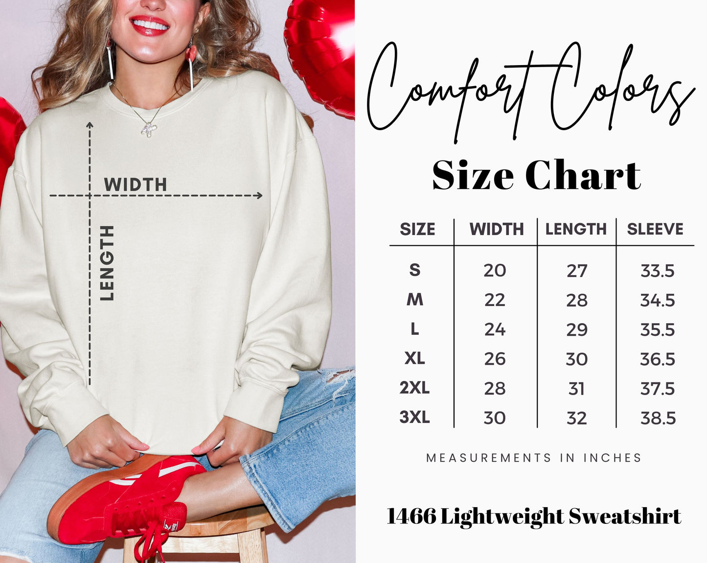 Comfort colors 1466 lightweight sweatshirt size chart. Sizes S M L XL 2XL and 3XL