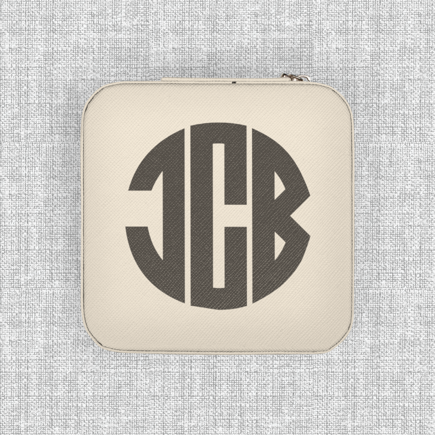 Cream personalized travel jewelry organizer with custom initials, stylish jewelry case for storing rings earrings necklaces and delicate pieces while traveling