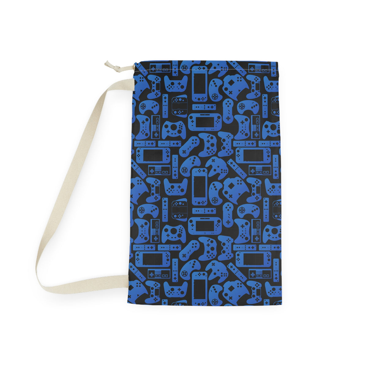 Custom gamer laundry bag featuring blue gaming controllers and console inspired shapes on a black background. Personalize it with a name for a fun laundry bag made for kids, boys, girls, and teens. Great for organizing dirty clothes at camp, school, sleepovers, dorms, vacations, or home.