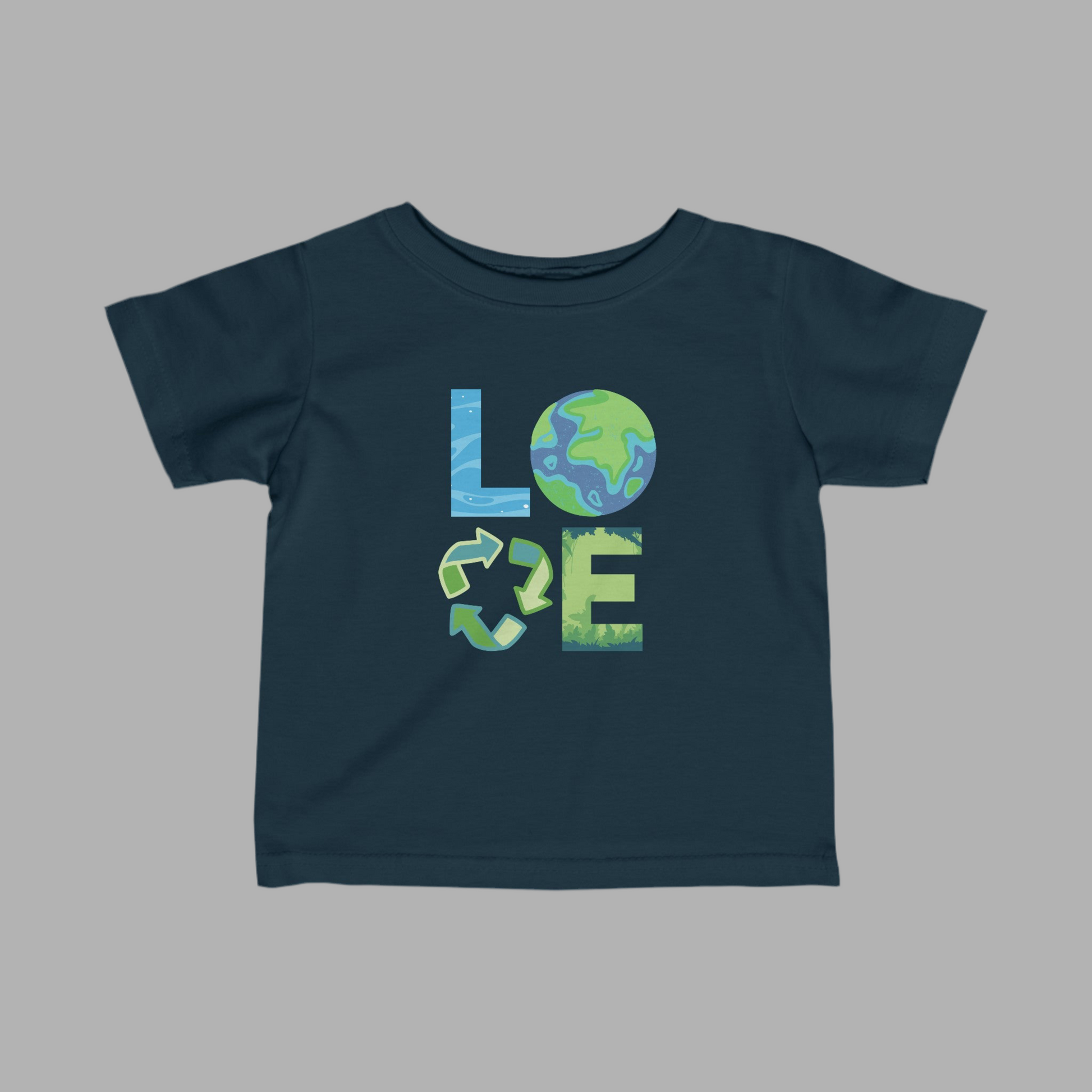 Image: LOVE Earth Navy Tie Dye Toddler & Infant Tshirt, perfect for Earth Day, the letters in LOVE represent our planets oceans, Mother Earth, Reduce, Reuse Recycle, our plants and trees. This graphic is printed on a blue tie dye crewneck sweatshirt, by jaecrece