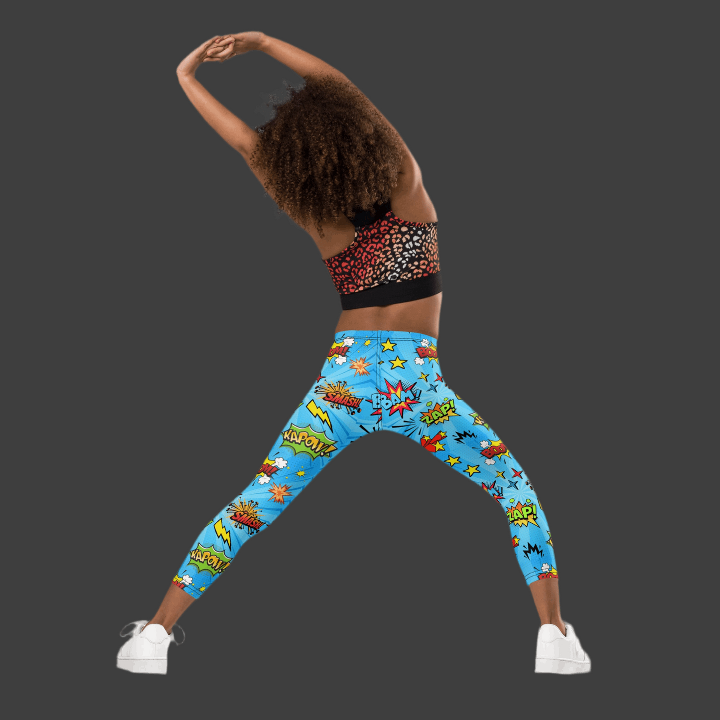 Blue leggings in size 2T-7, with superhero graphics, and phrases like: Bam, Smash, Zap, Kapow. Comic Book Toddler Leggings, Superhero Kids Pants, Comic Con Cosplay Tights, Birthday Party Gift for Boys or Girls, by jaecrece
