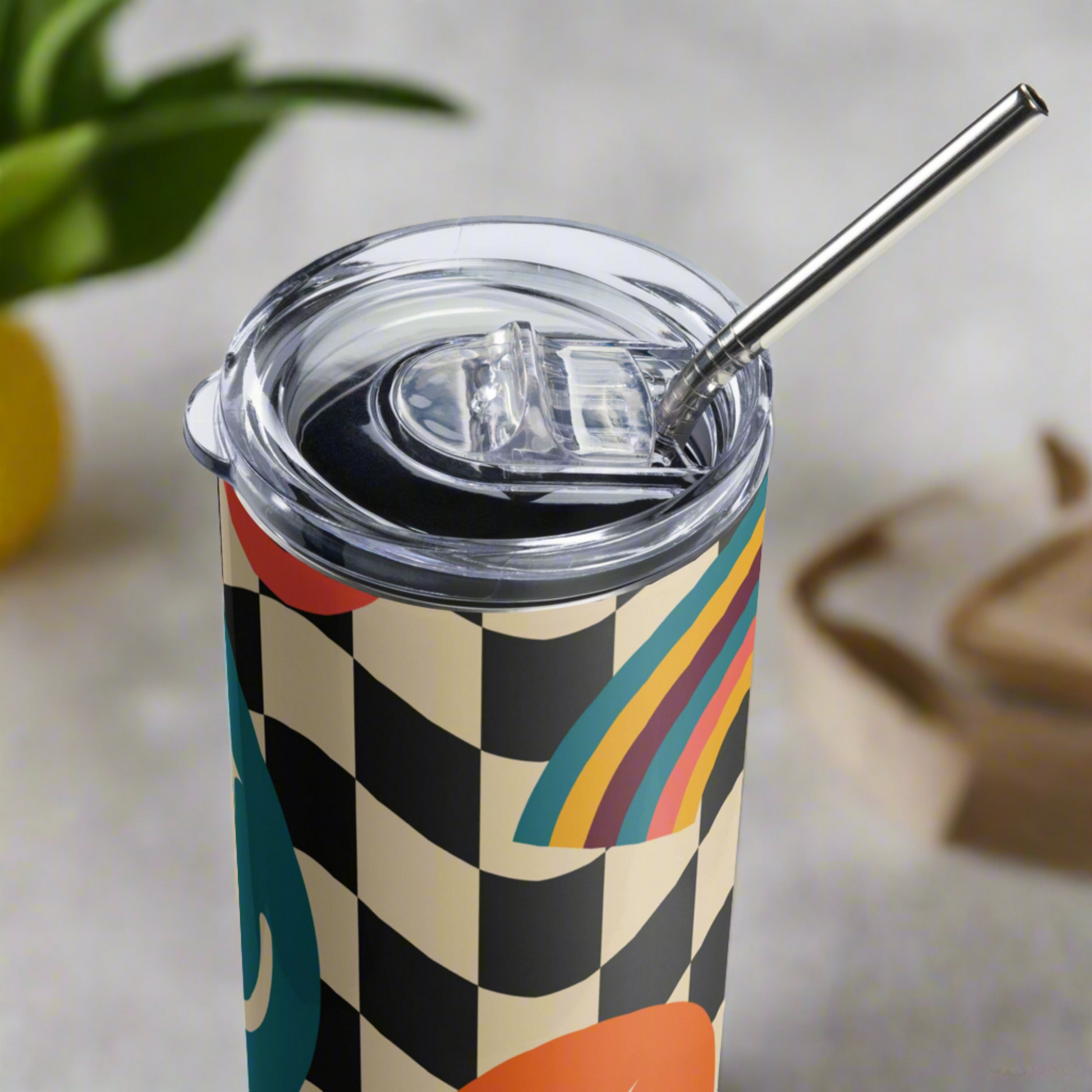 Smiley Face Checkerboard 20 oz Stainless Steel Tumbler, created with a fun black and tan checker pattern with rainbows, smiley faces and daisies, by jaecrece.com