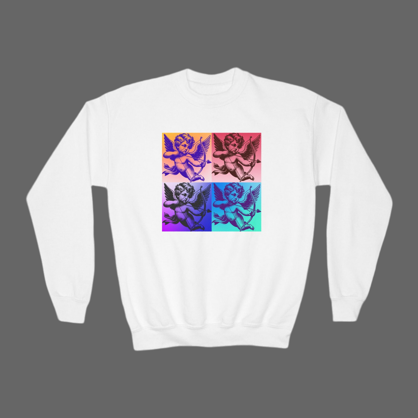 Pop Art Cupid youth sweatshirt for girls, tweens, and teens combines cozy comfort with a fun 1960s-inspired design. The bold Cupid and heart graphic makes it perfect for Valentine’s Day outfits or classroom celebrations. Available in sizes XS to XL and part of a matching family collection, it’s a great mommy and me Valentine’s gift. Perfect for kids who love unique, artsy styles with bright retro flair.