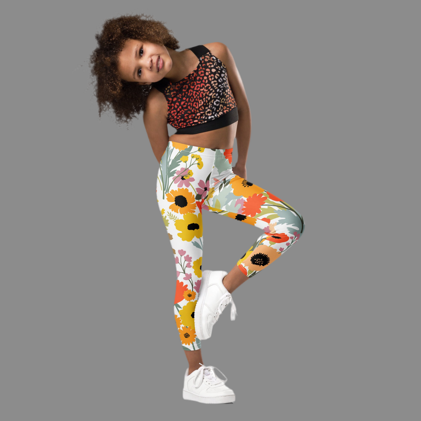 Image: Floral toddler leggings with a whimsical watercolor design in bright spring colors. Perfect for sizes 2T–7, these leggings offer a cozy fit with playful style. Ideal for Easter baskets, spring pictures, and stylish playdates. Pair them with coordinating girls and women’s leggings for a cute matching family outfit or mommy and me set, by jaecrece.